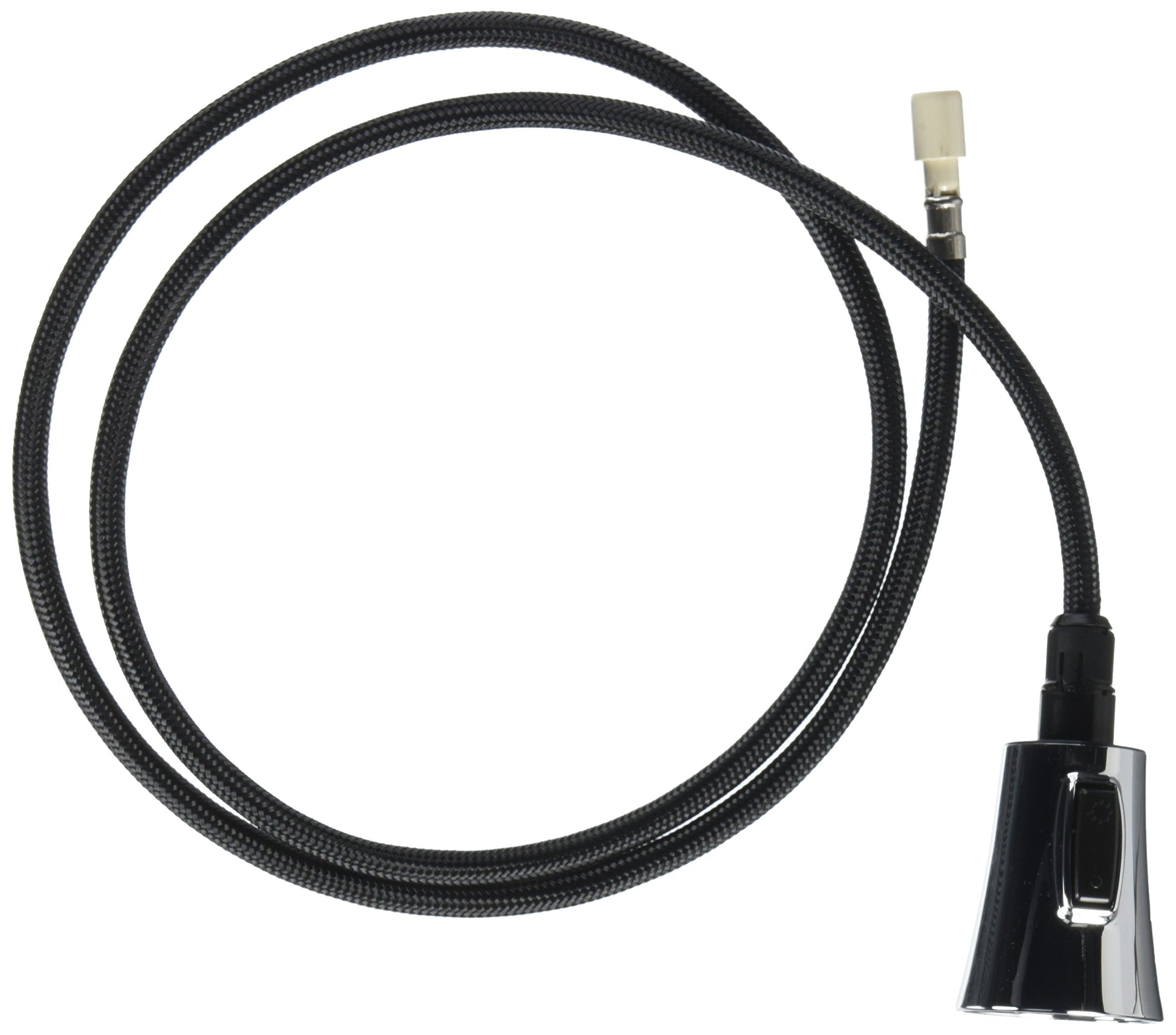 Black braided hose with chrome and black pull-down spray head connector.