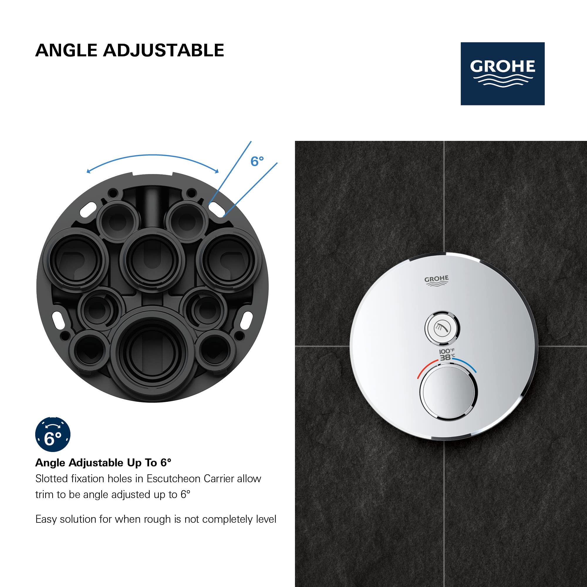 Matte black circular thermostatic valve trim with single control dial mounted on dark tile wall.