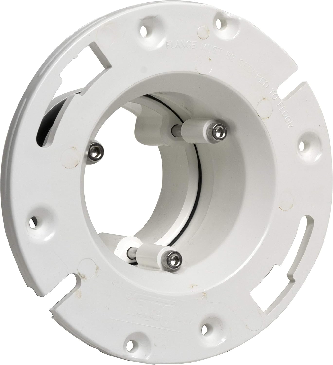 White PVC flange with central opening, mounting holes, and metal adjustment screws for cast iron pipe replacement.