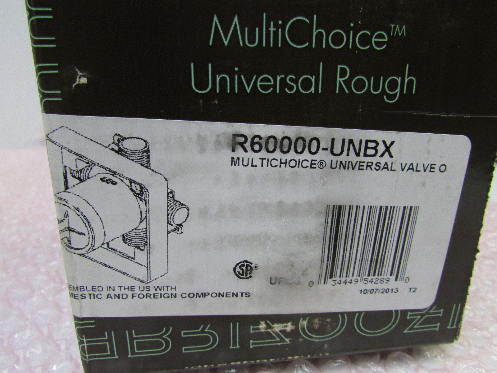 Brizo R60000-UNBX MultiChoice Universal Rough valve packaging with product diagram and barcode label.