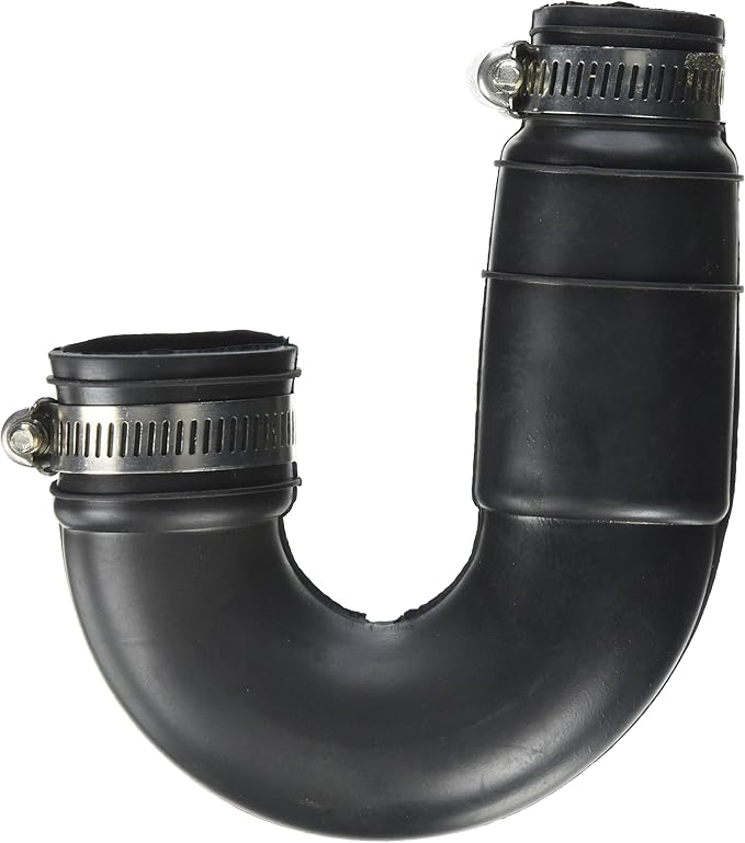 Black flexible J-trap with stainless steel hose clamps on both ends, U-shaped pipe connector.
