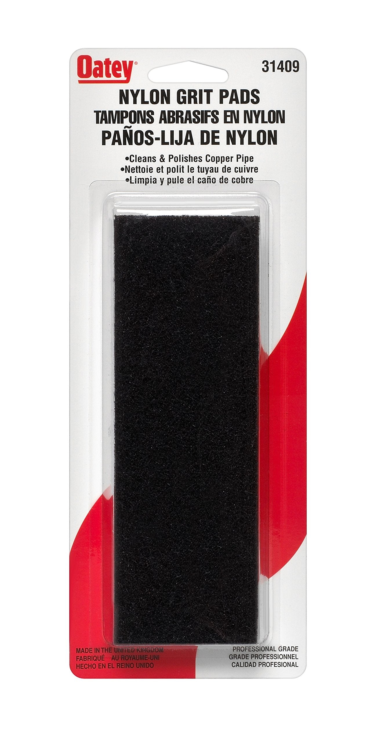 Black nylon grit pad, 2 inches by 6 inches, in clear plastic packaging with Oatey branding.