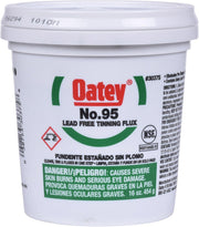 White plastic container of Oatey No. 95 lead-free tinning flux with red and green label and white screw-on lid.