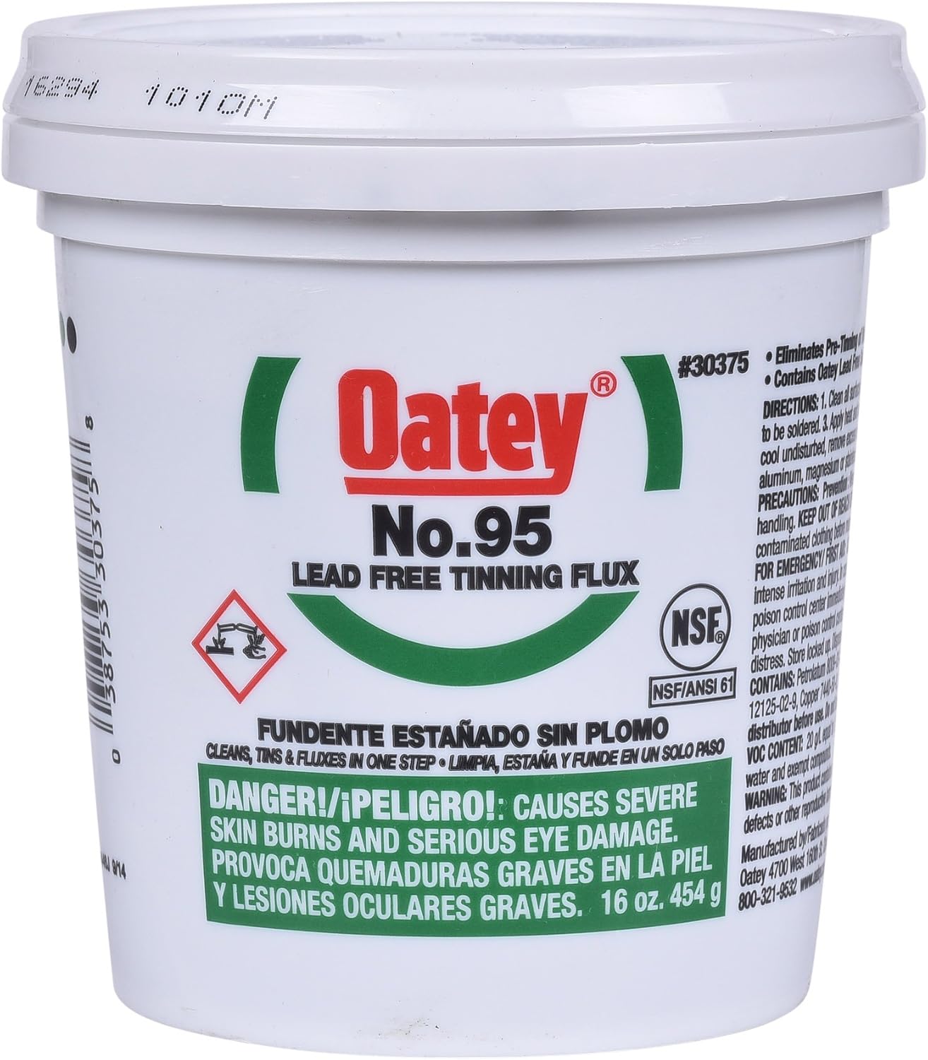 White plastic container of Oatey No. 95 lead-free tinning flux with red and green label and white screw-on lid.