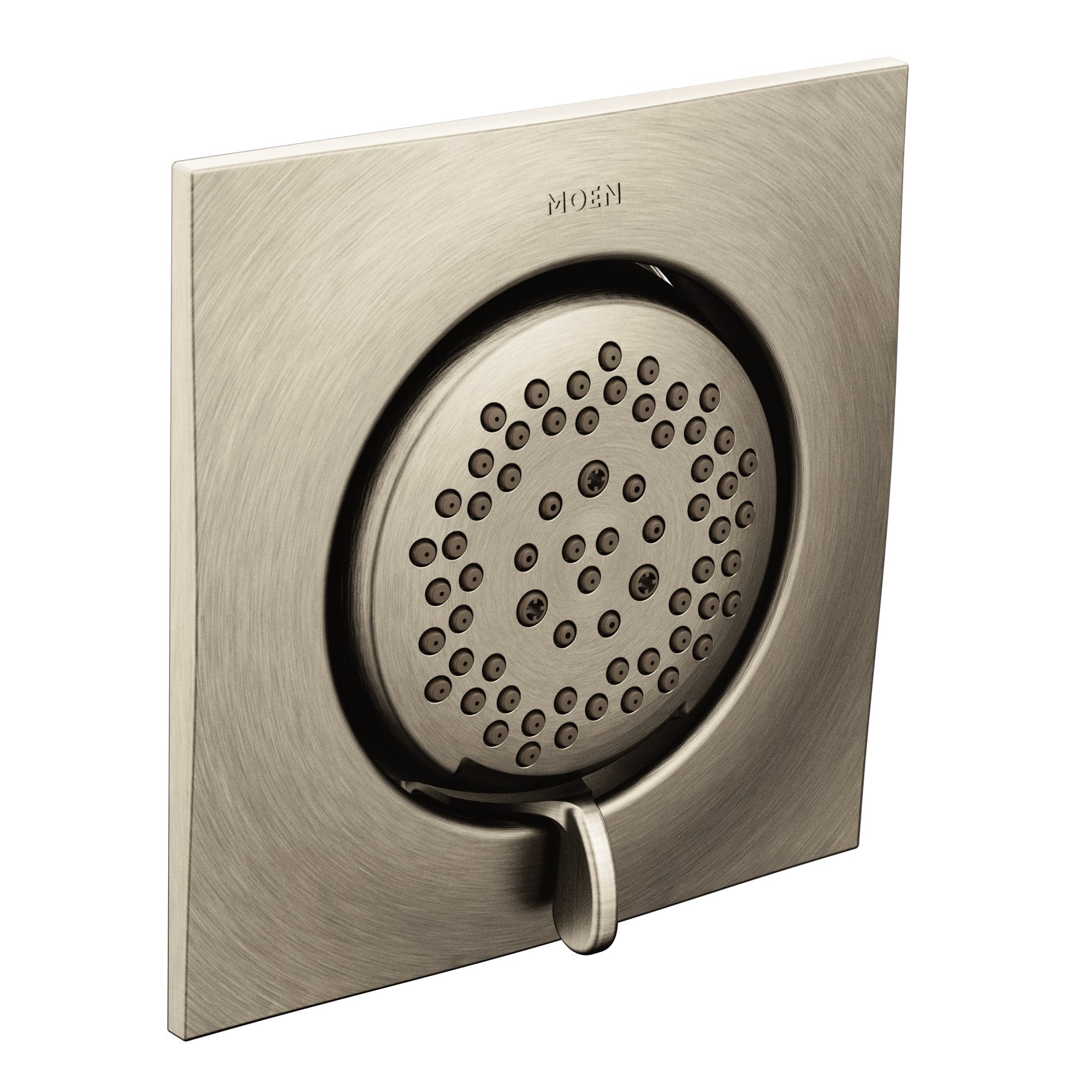 Brushed nickel square body spray with circular perforated head and control lever, mounted on wall.