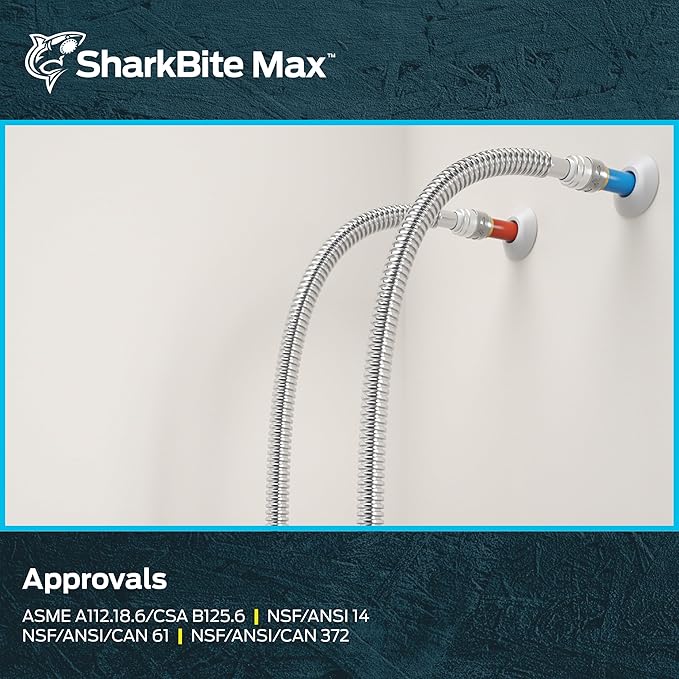 Two stainless steel corrugated water softener connectors with push-to-connect and threaded fittings, one with blue valve and 