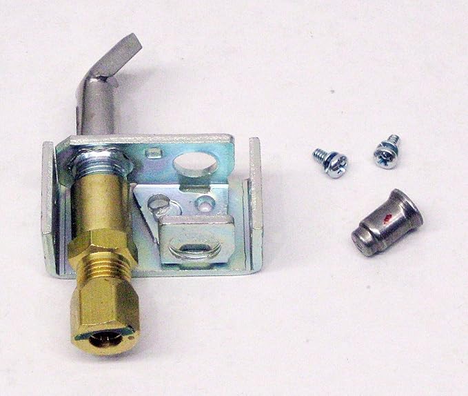 Robertshaw pilot uni-kit assembly with brass burner, mounting bracket, metal tubing, screws, and valve component.