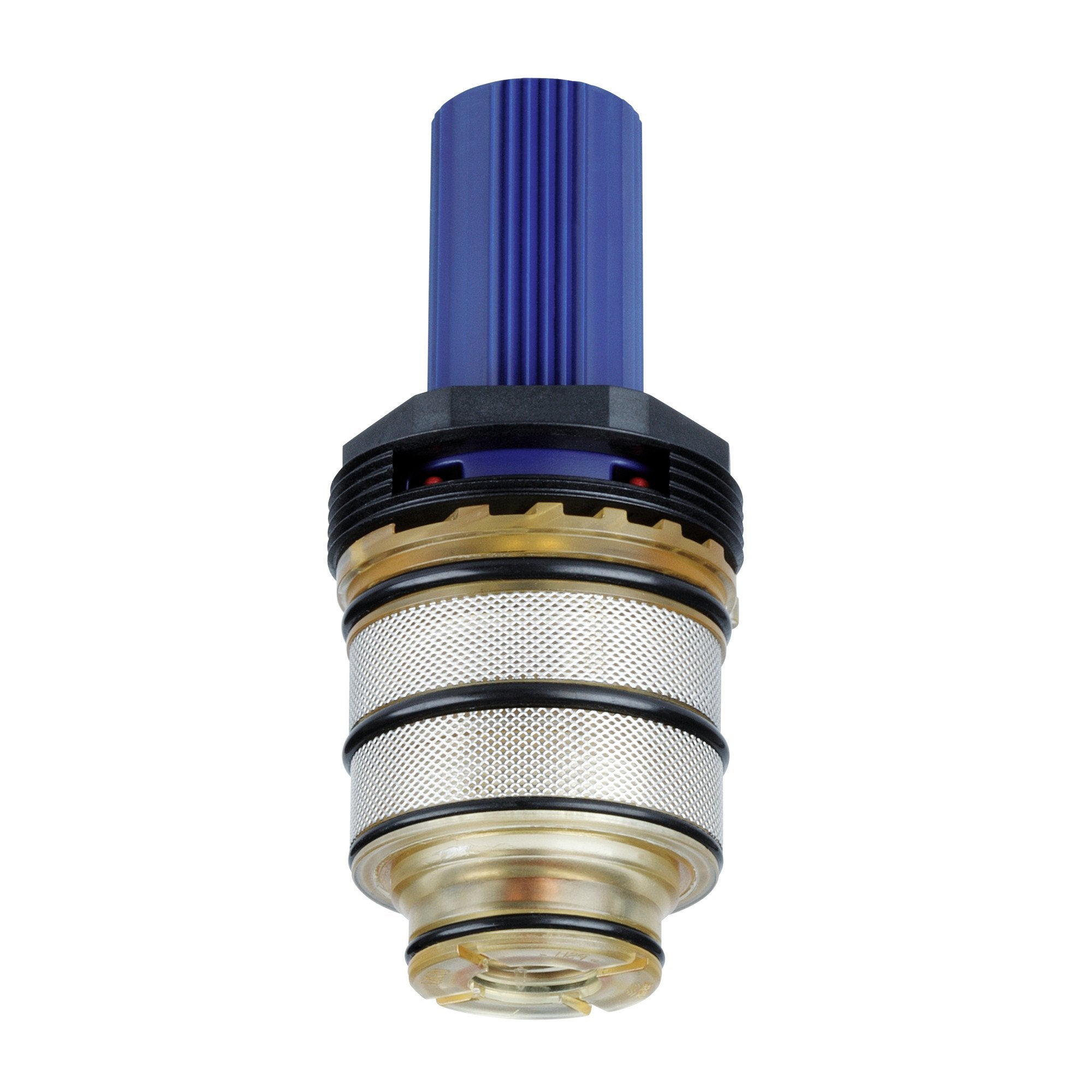 Grohe Turbostat cartridge with blue ribbed cap, black threads, brass and mesh filter components stacked vertically.