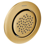 Moen brushed gold round body spray with multiple spray jets and recessed faceplate.