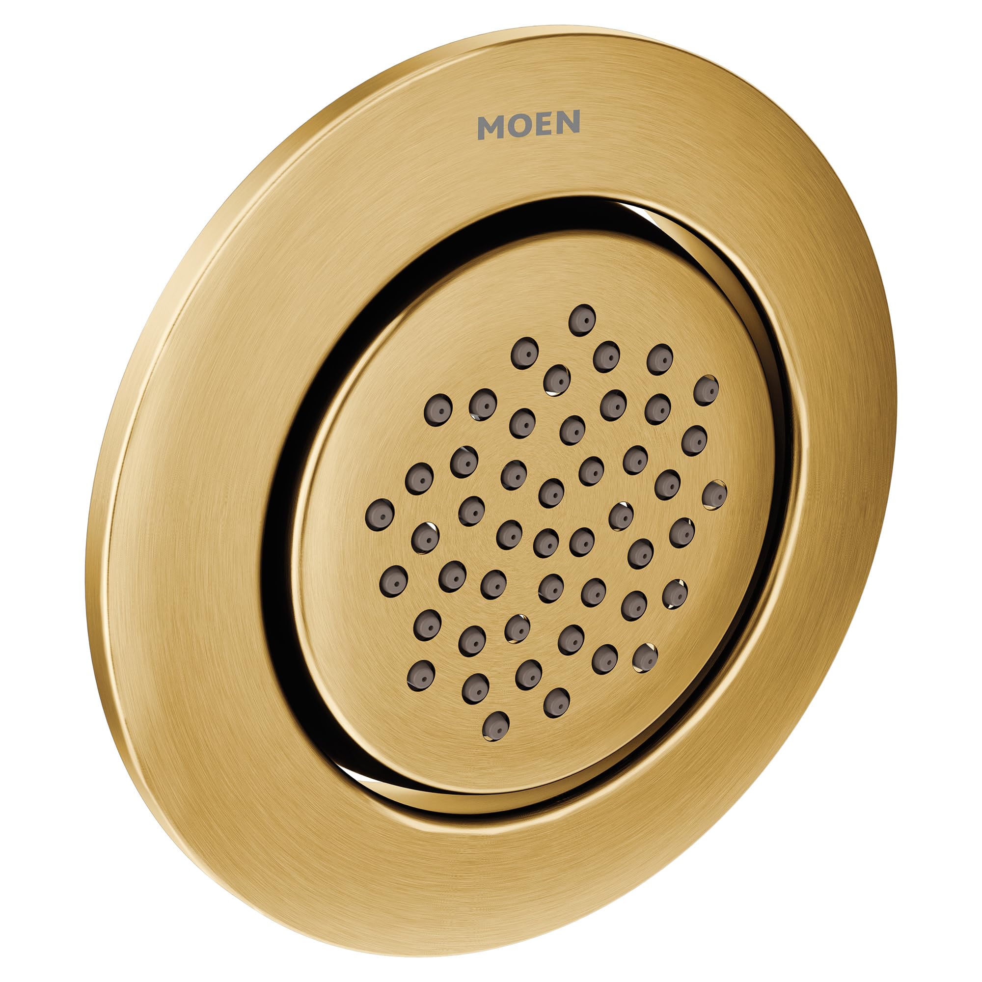 Moen brushed gold round body spray with multiple spray jets and recessed faceplate.