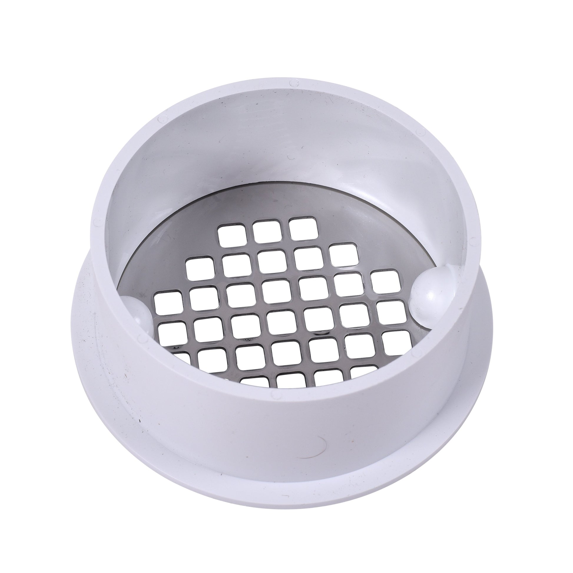 White PVC drain with stainless steel grid strainer insert and snap-in connection base.