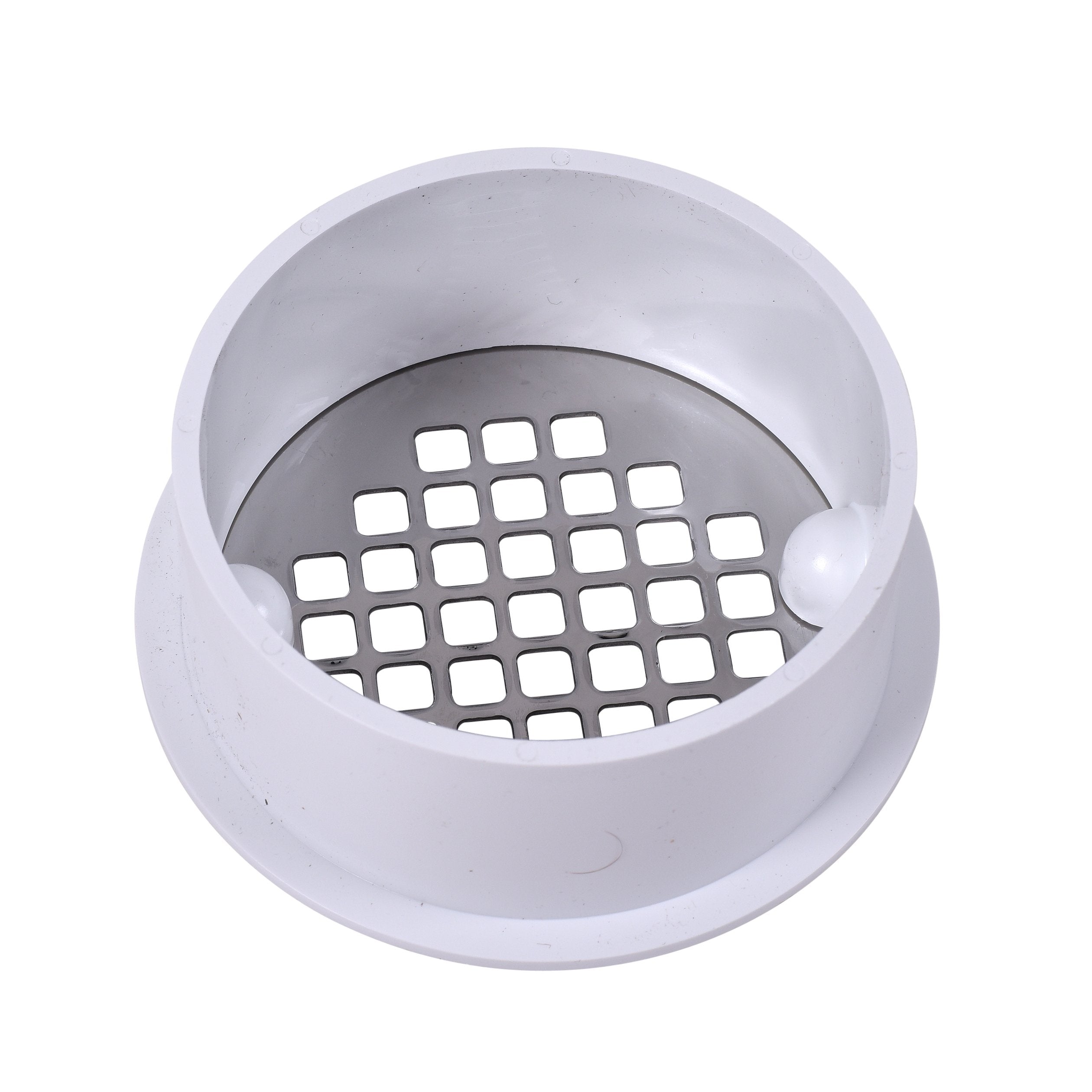 White PVC drain with stainless steel grid strainer insert and snap-in connection base.