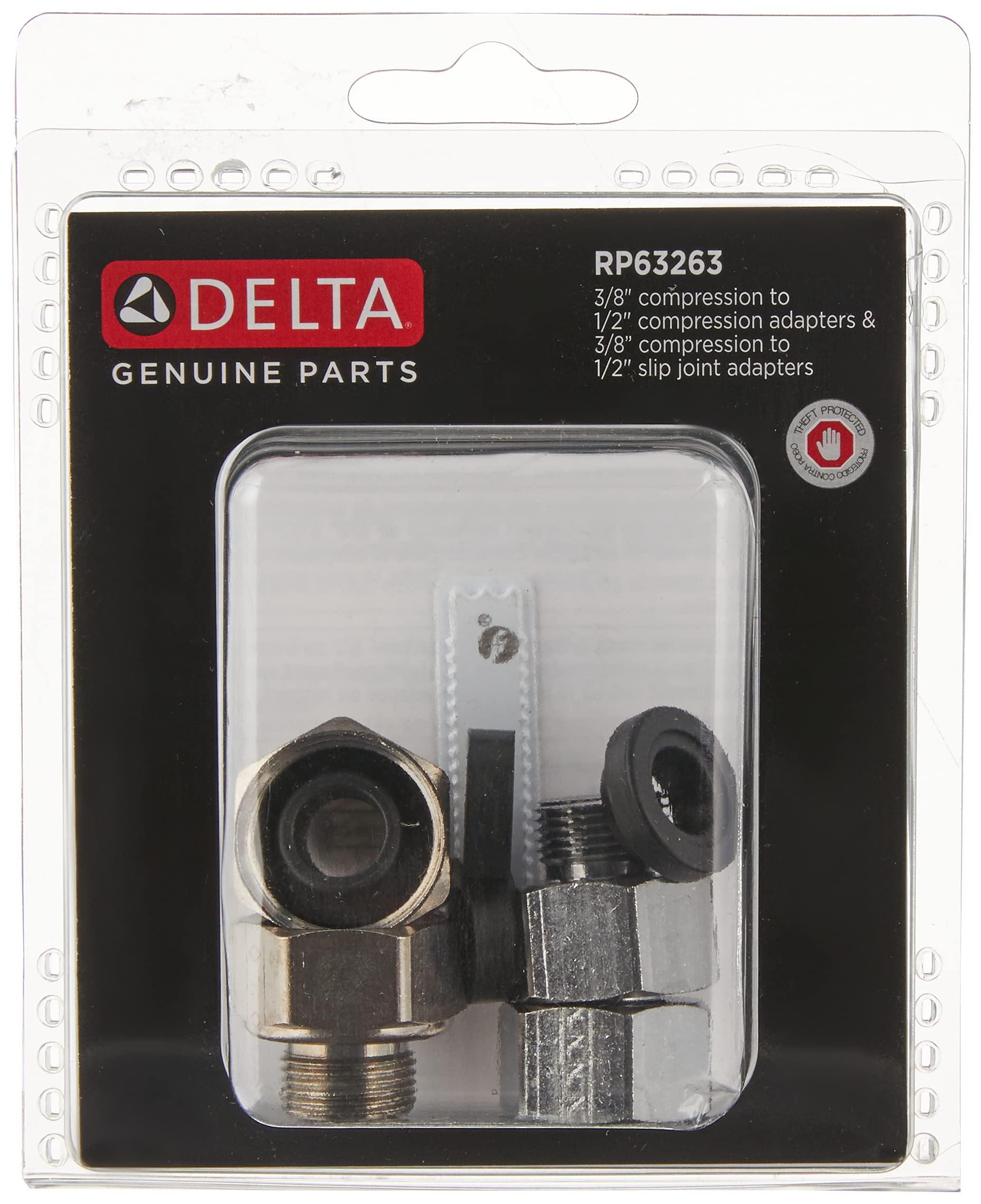 Delta RP63263 adapter kit with brass compression fitting and black plastic slip joint adapter in blister packaging.