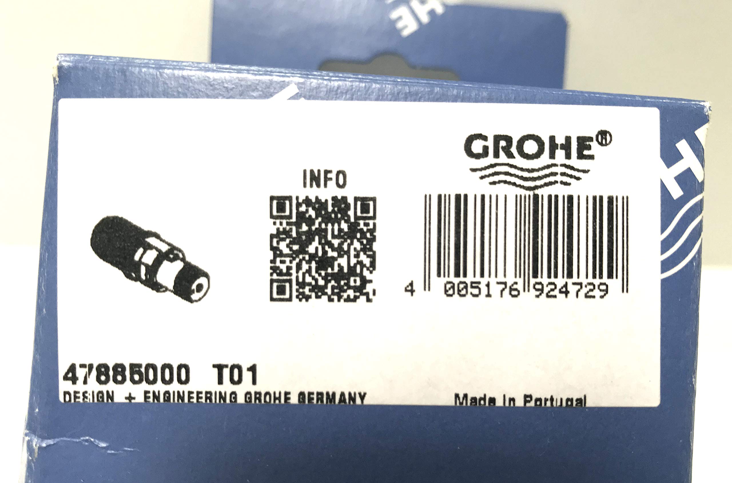 Grohe thermostatic cartridge part number 47885000 with QR code and barcode on blue and white packaging.