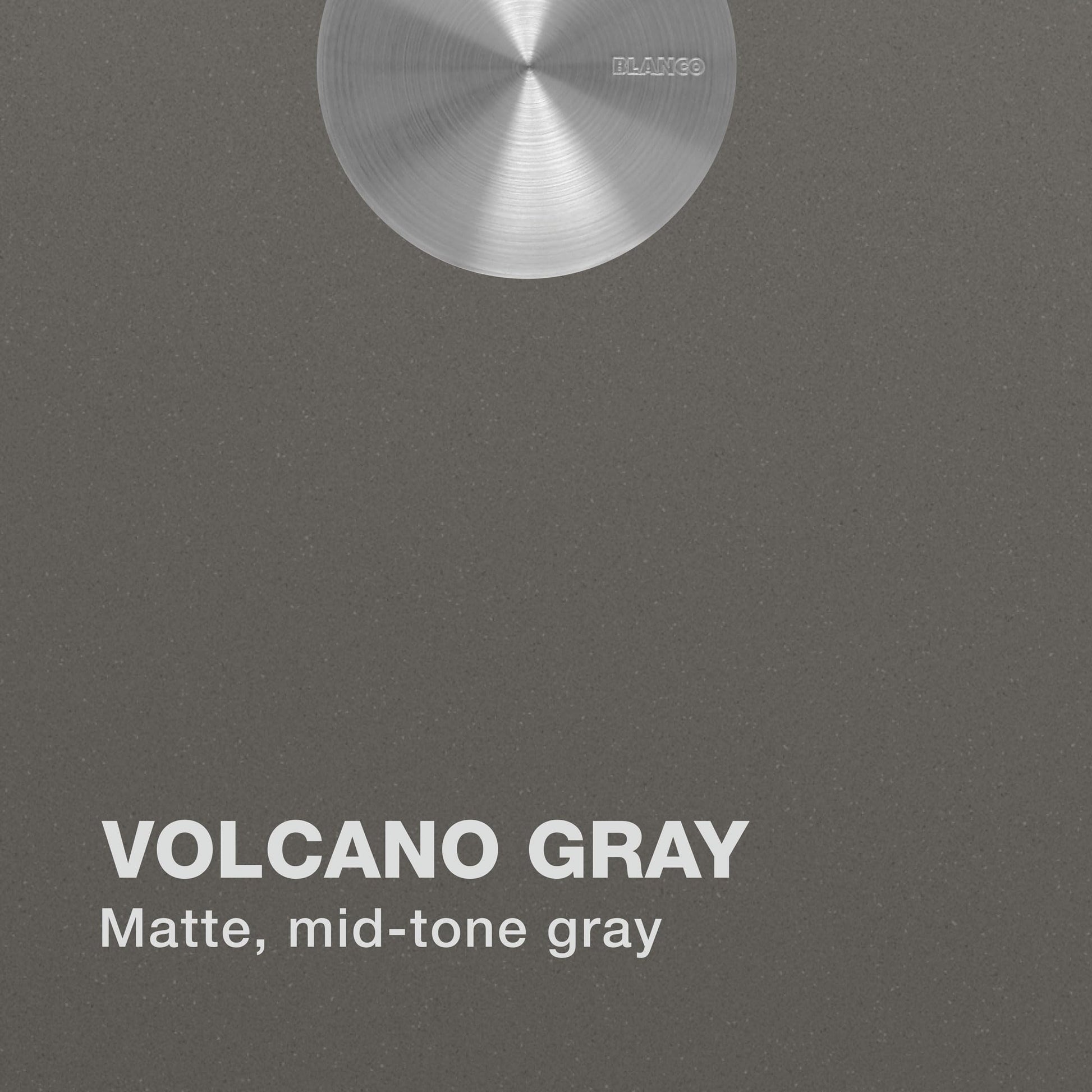 Volcano gray matte finish sink surface with circular brushed metal detail at top.