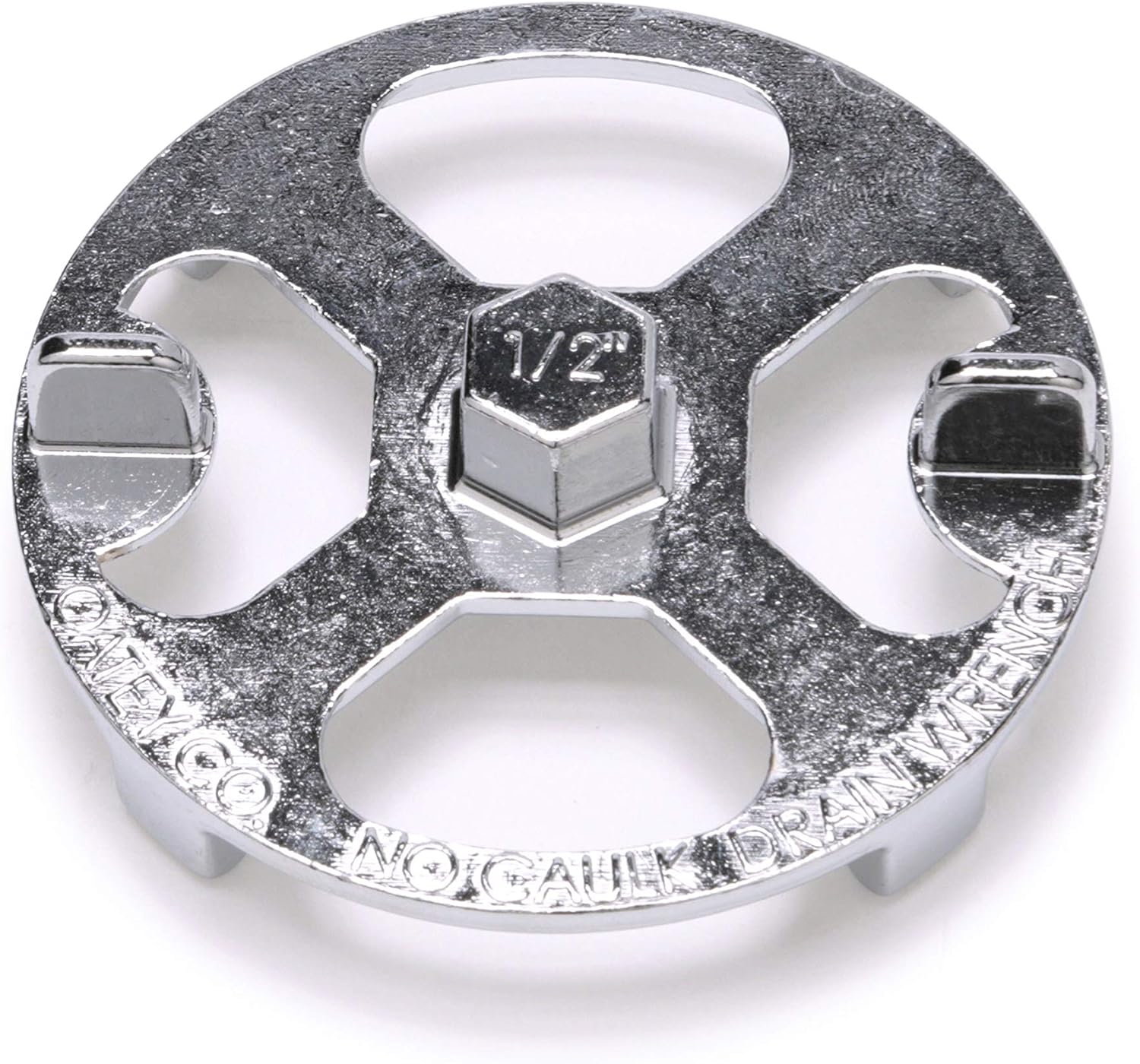 Brass and plastic shower drain wrench with hexagonal center socket marked "1/2" and four grip slots around circular base.