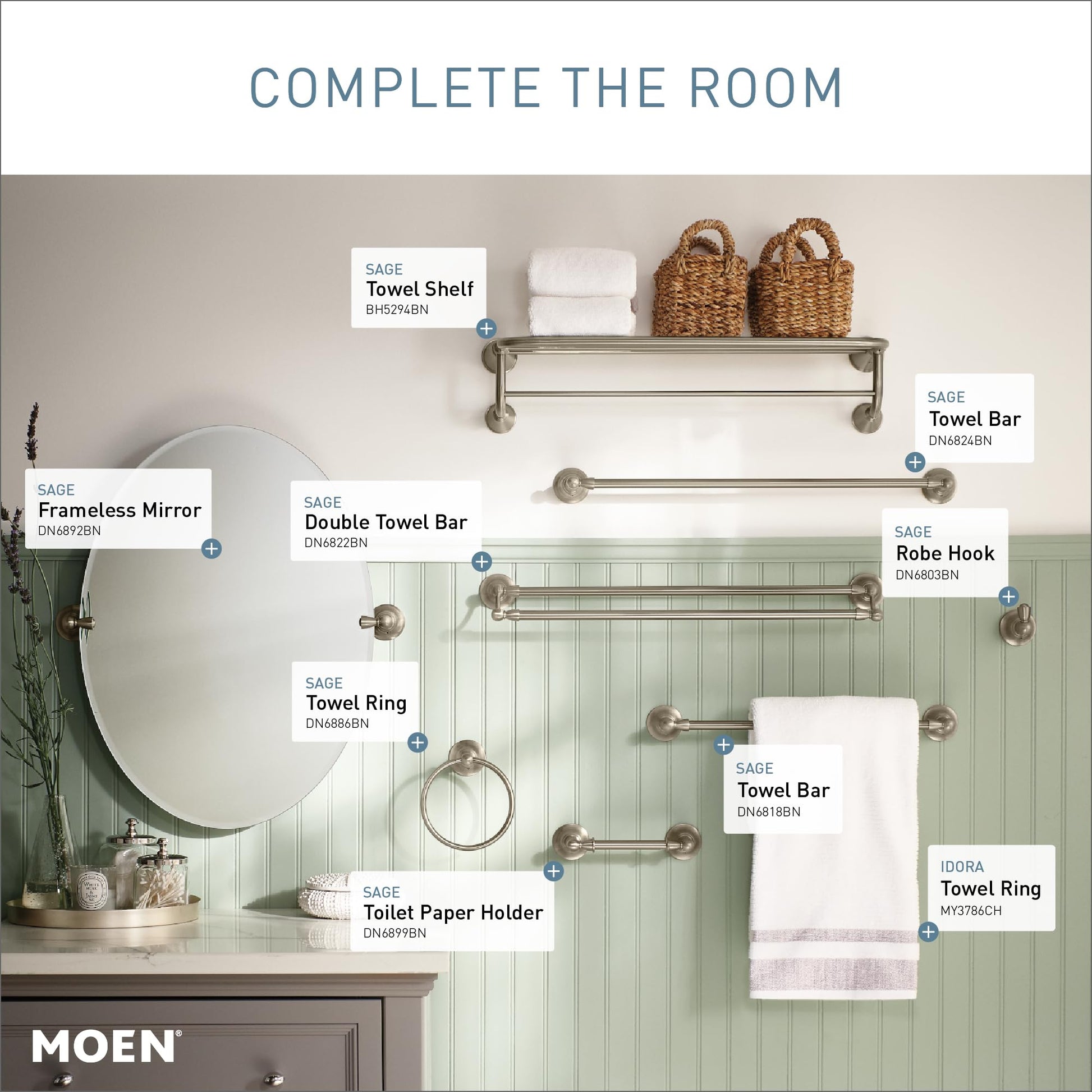 Brushed nickel towel bar with cylindrical end caps mounted horizontally on bathroom wall.
