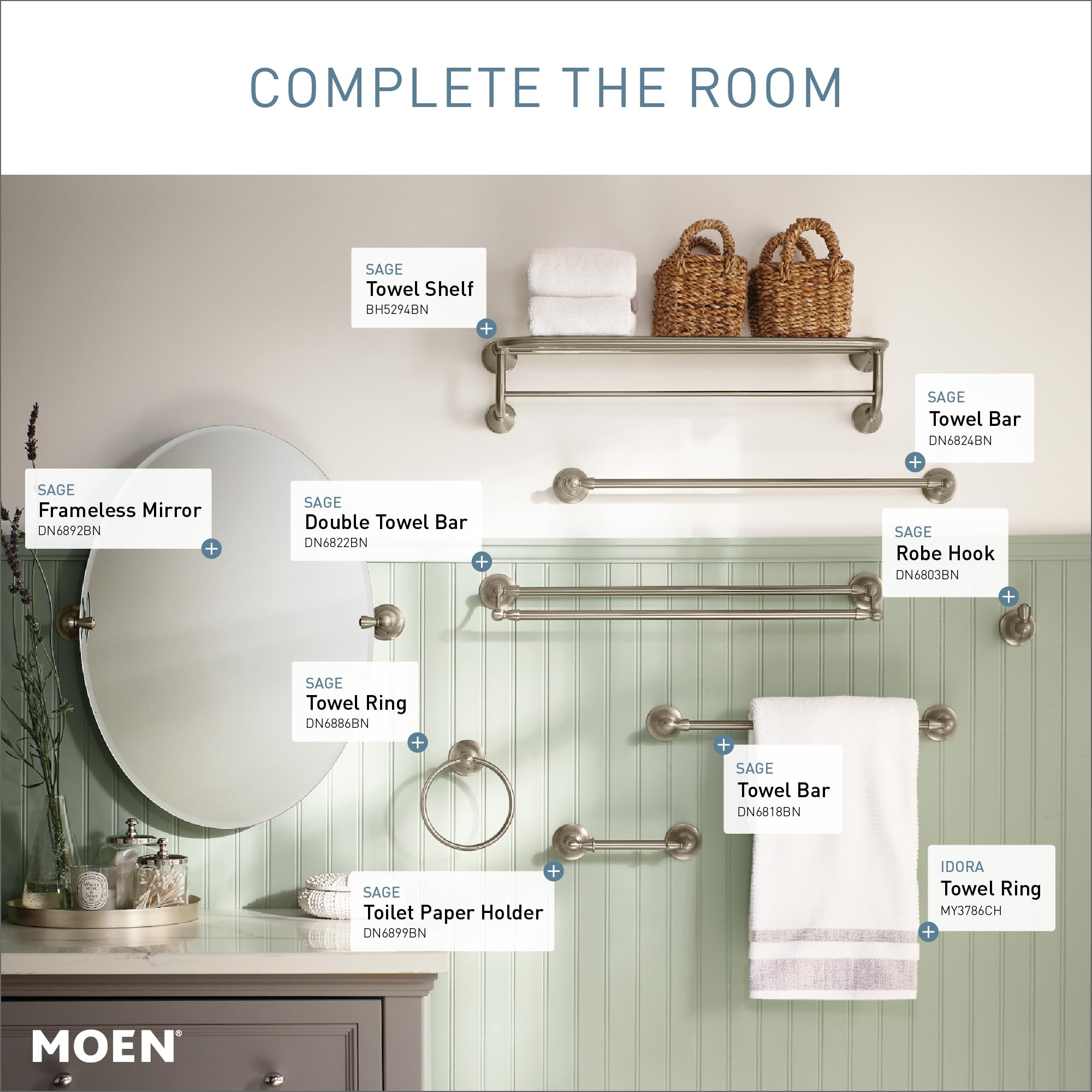 Brushed nickel towel bar with cylindrical end caps mounted horizontally on bathroom wall.