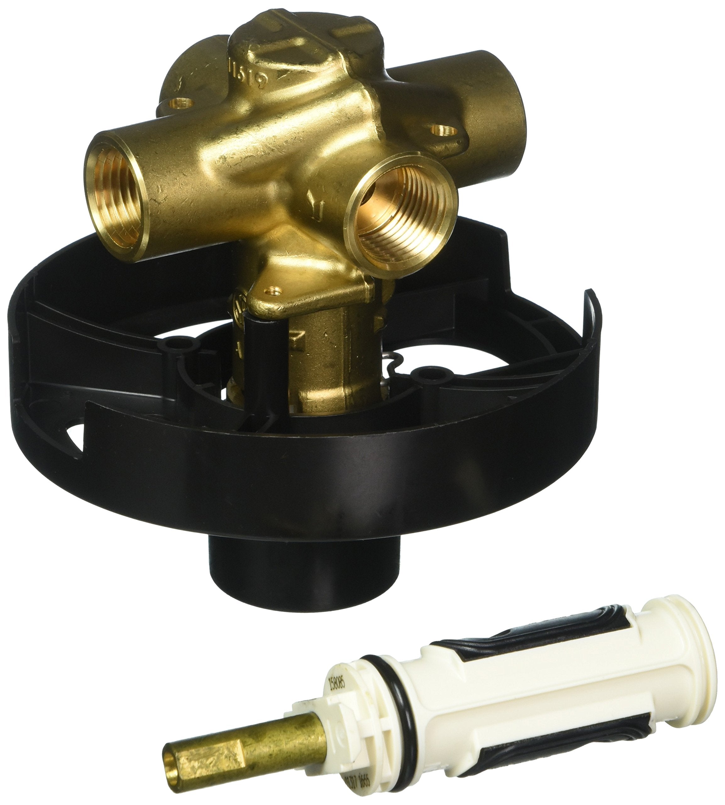 Brass rough-in valve with three threaded ports, black mounting ring, and white flush plug component.