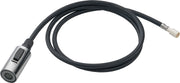 Stainless steel pull-down spray head with black braided hose and connector fitting.
