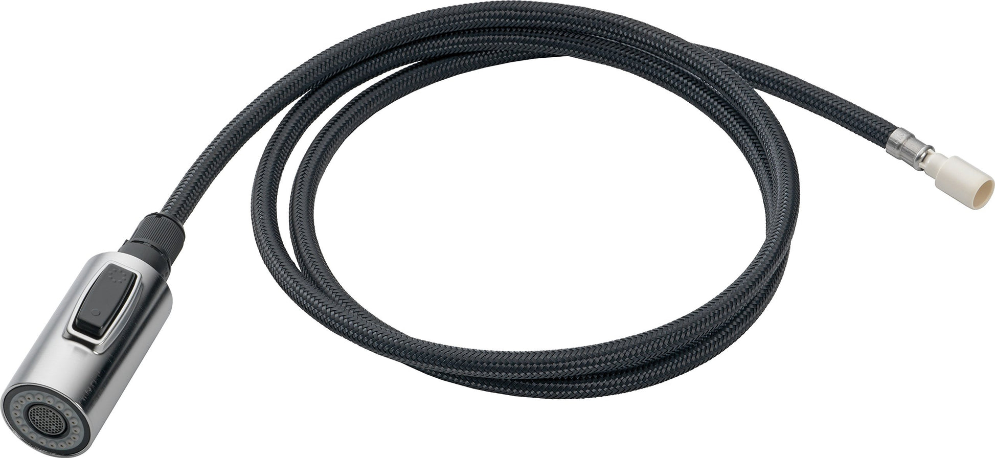 Stainless steel pull-down spray head with black braided hose and connector fitting.