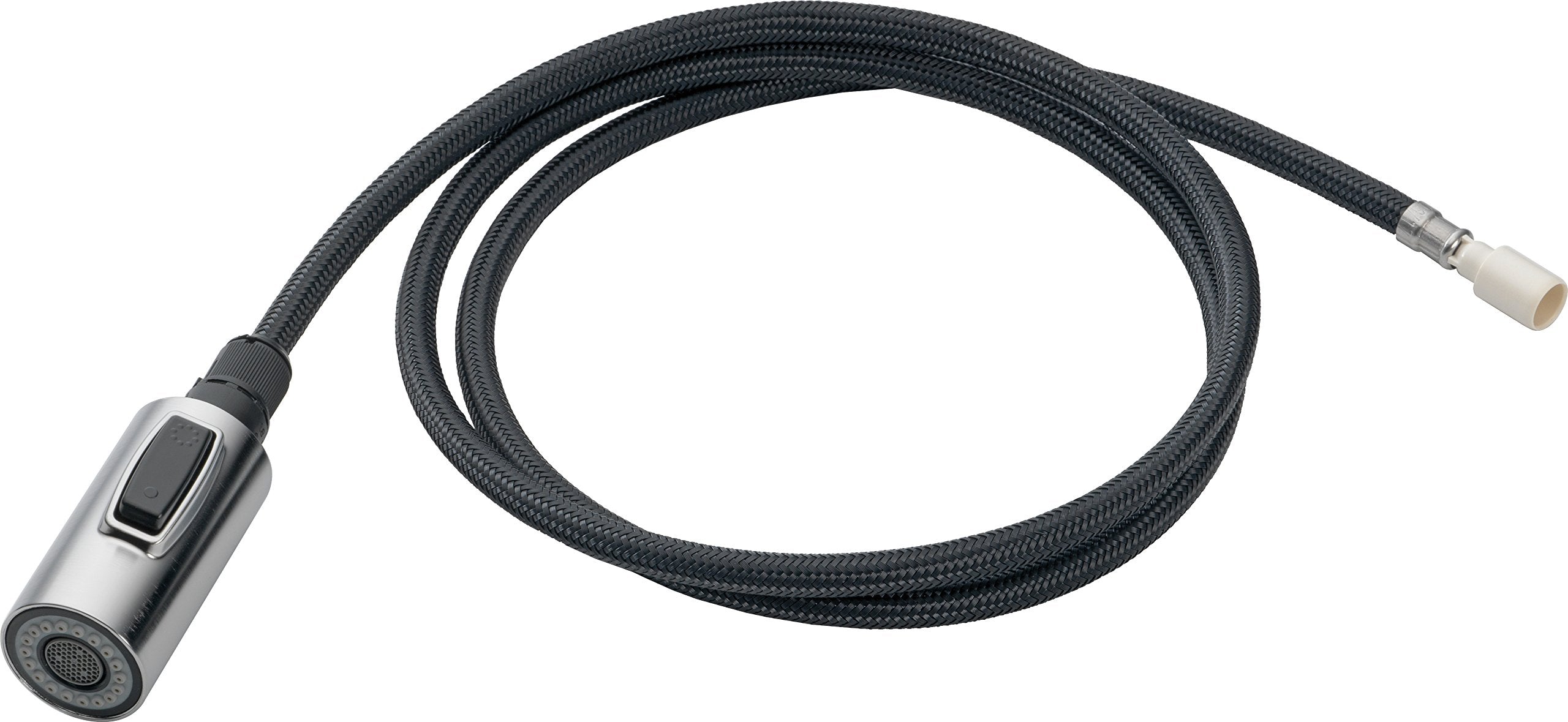 Stainless steel pull-down spray head with black braided hose and connector fitting.
