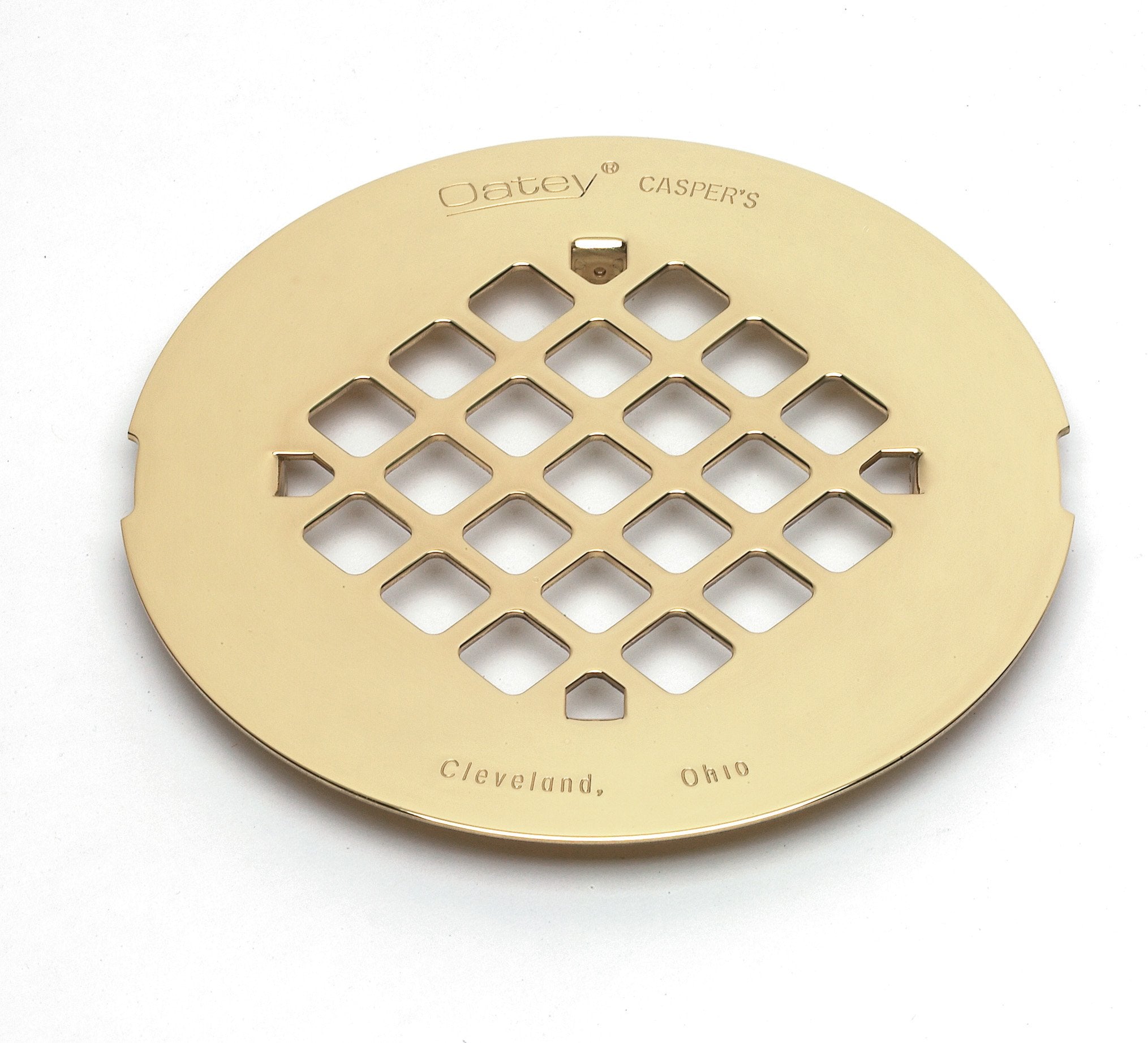 Polished brass circular shower drain trim ring with diamond-pattern perforations and Oatey branding.