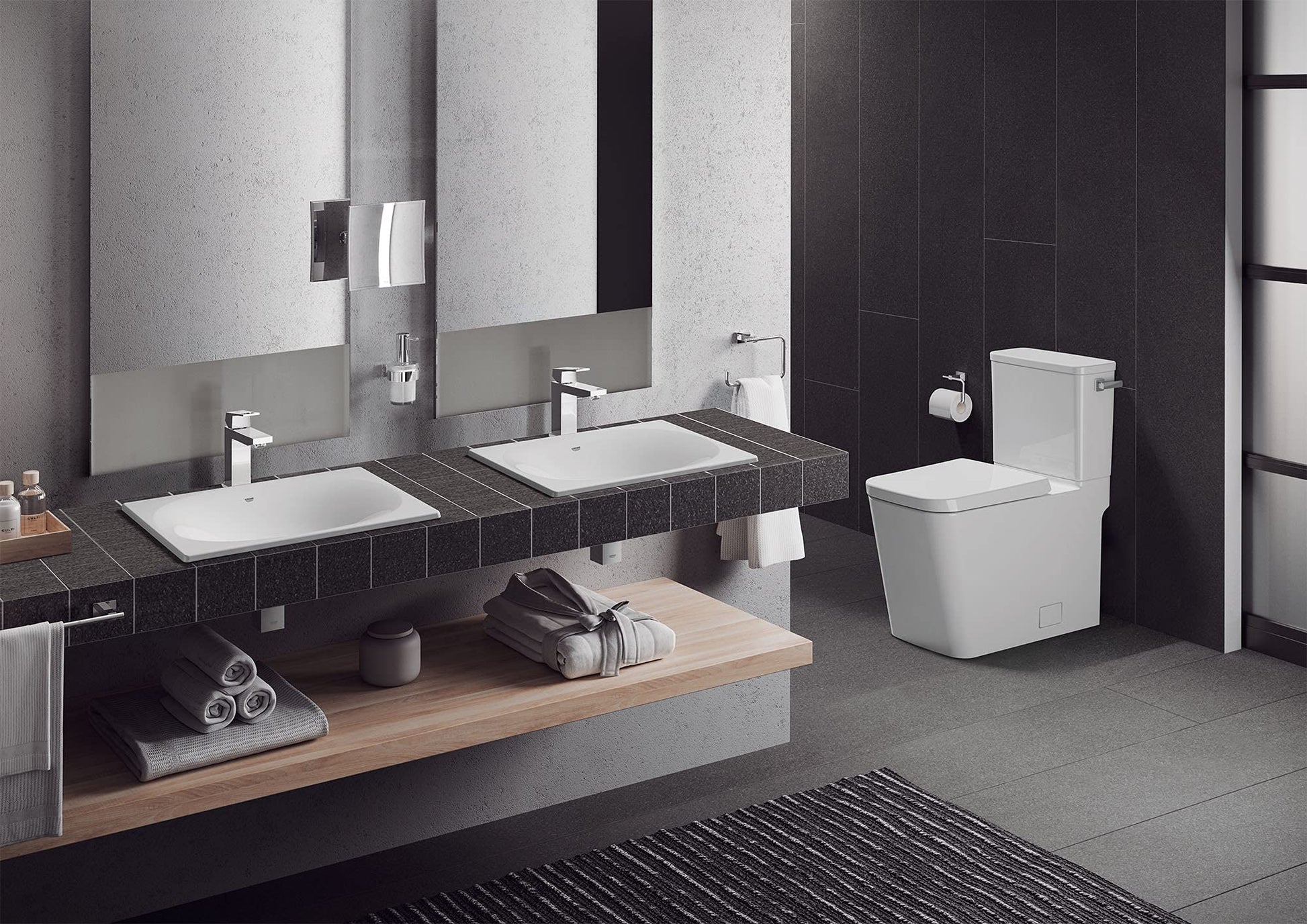 White elongated toilet with seat and right-hand trip lever in modern bathroom setting.
