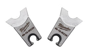 Milwaukee W-239 die set with two metal stamping dies featuring curved jaws and center holes.