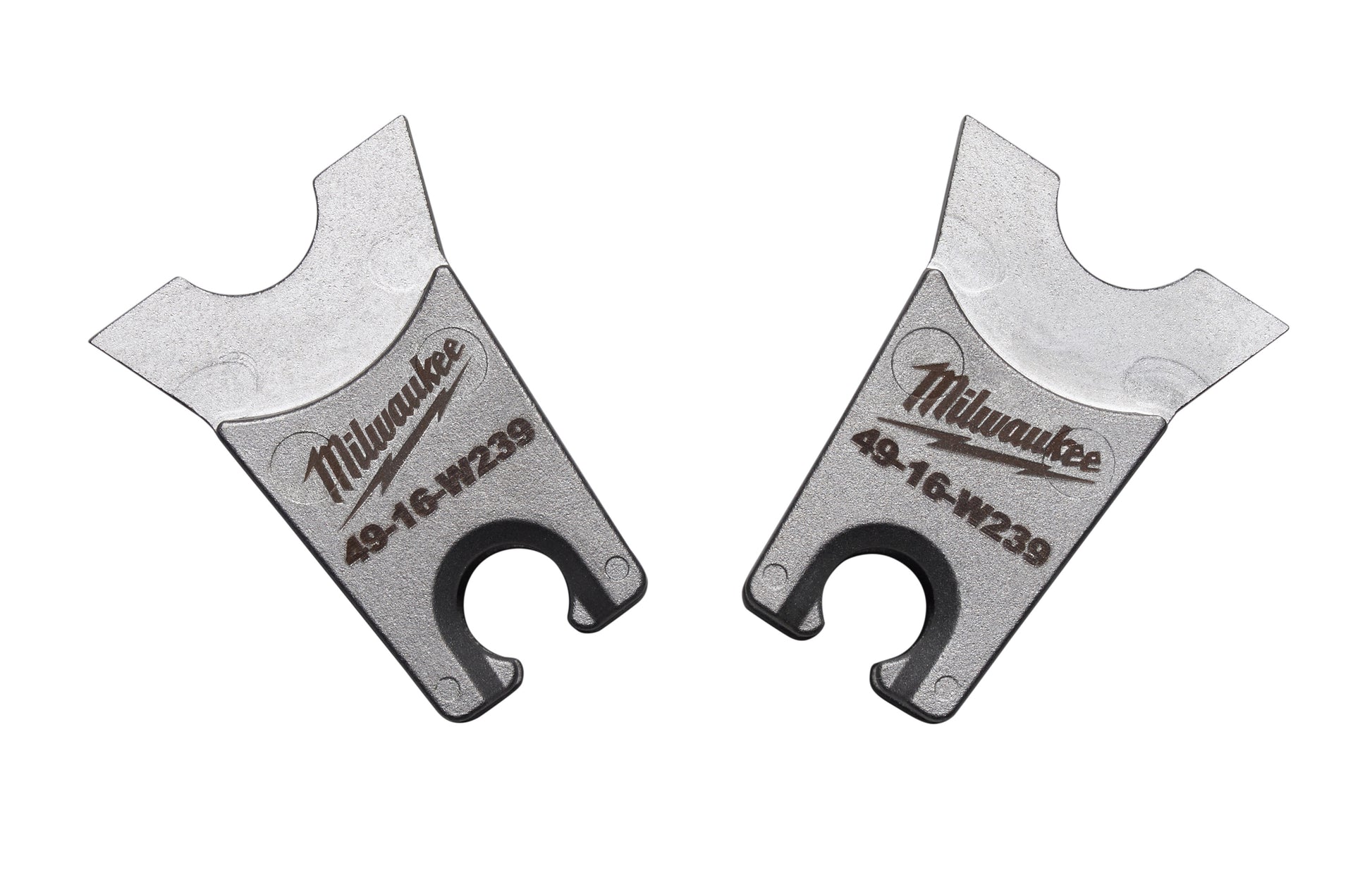 Milwaukee W-239 die set with two metal stamping dies featuring curved jaws and center holes.