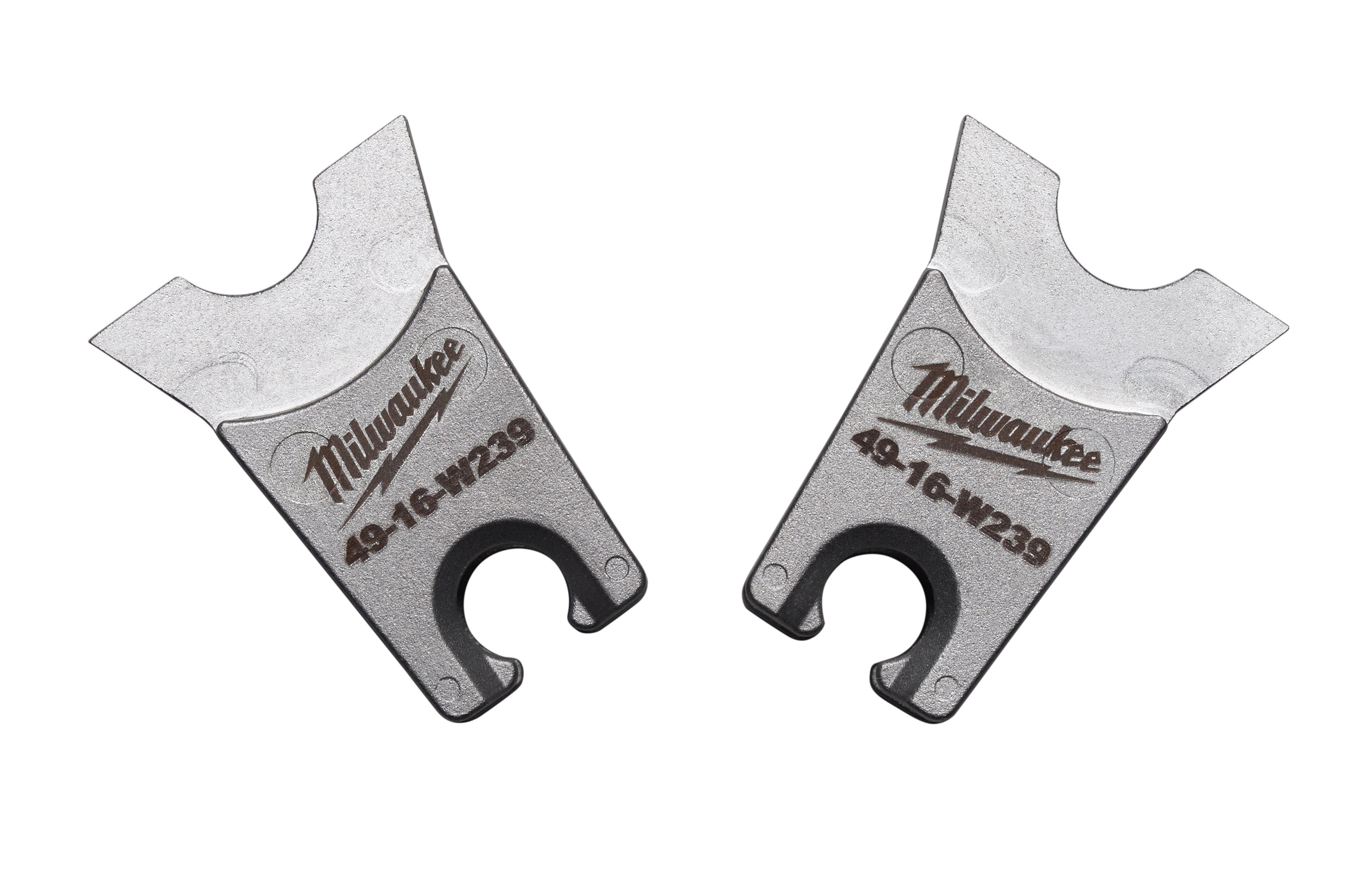 Milwaukee W-239 die set with two metal stamping dies featuring curved jaws and center holes.