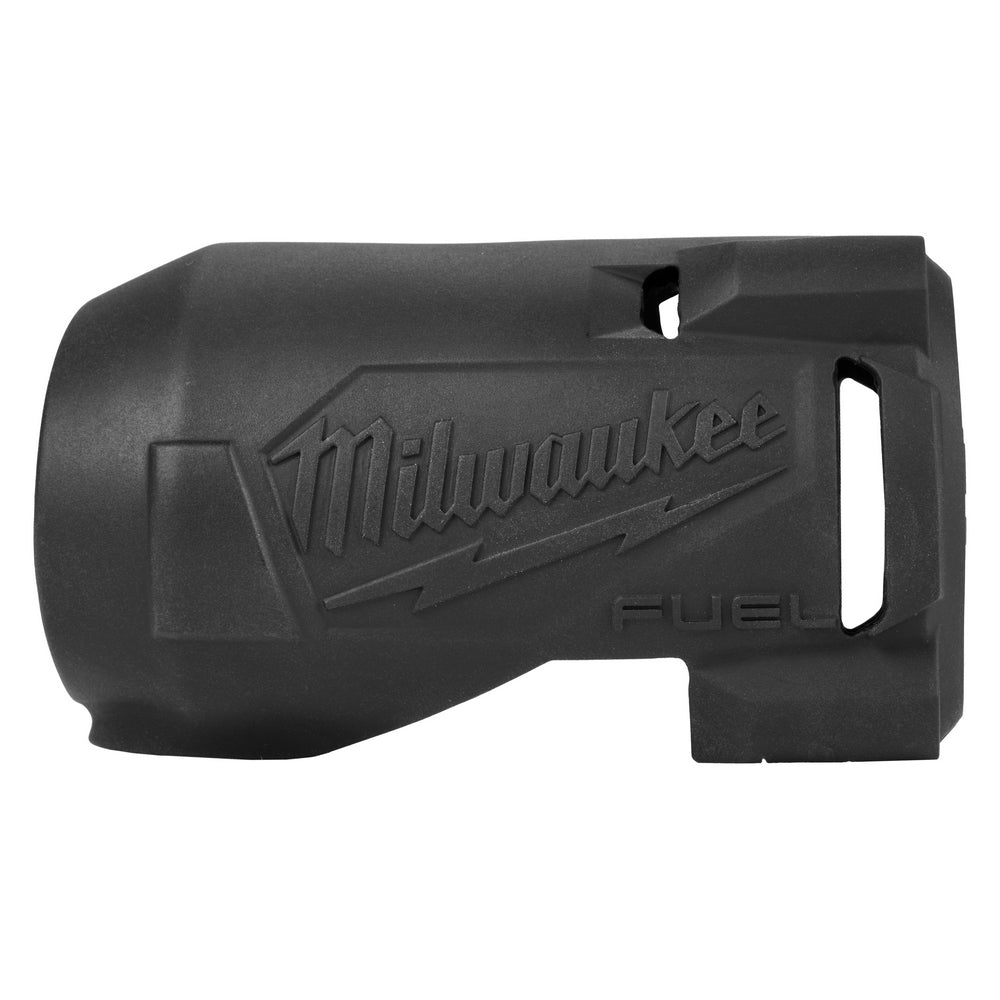 Black rubber protective boot with Milwaukee branding and FUEL text, featuring grip handles and mounting points.