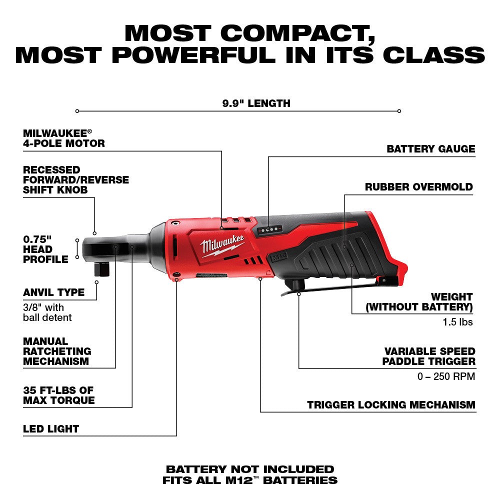 Milwaukee M12 cordless ratchet with red and black body, 3/8 inch anvil, battery gauge, and variable speed trigger labeled wit