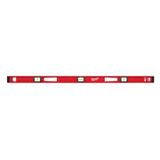Red Milwaukee 48-inch magnetic I-beam level with multiple bubble vials and black end caps.