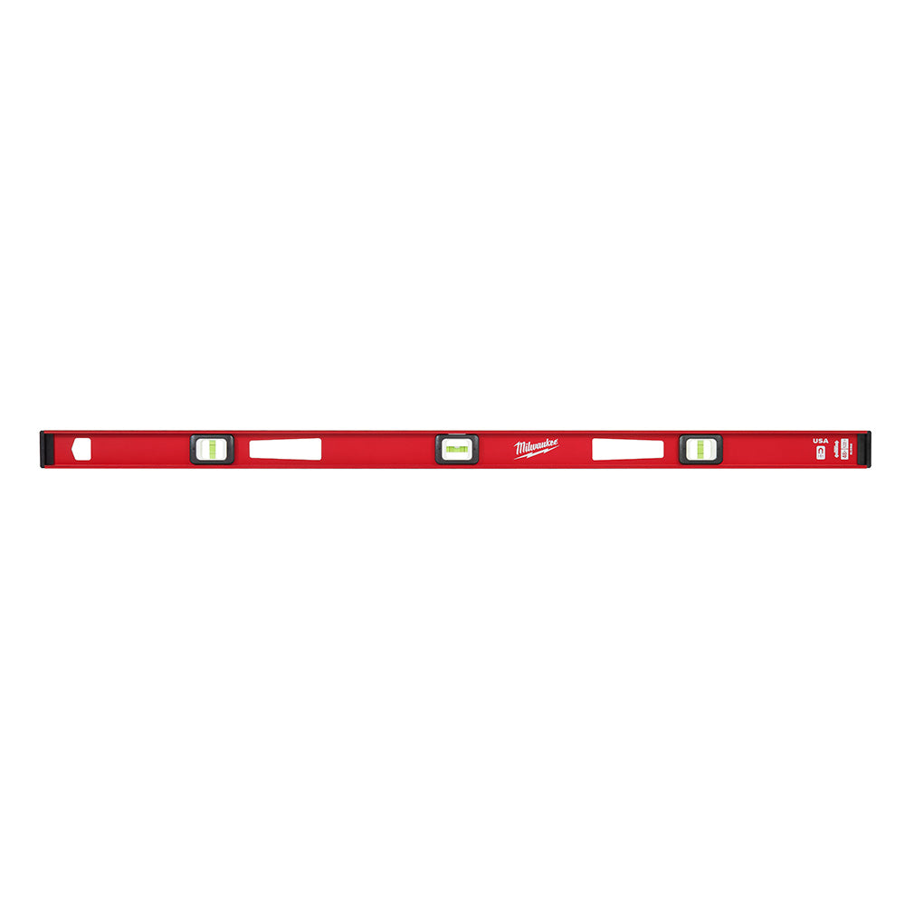 Red Milwaukee 48-inch magnetic I-beam level with multiple bubble vials and black end caps.