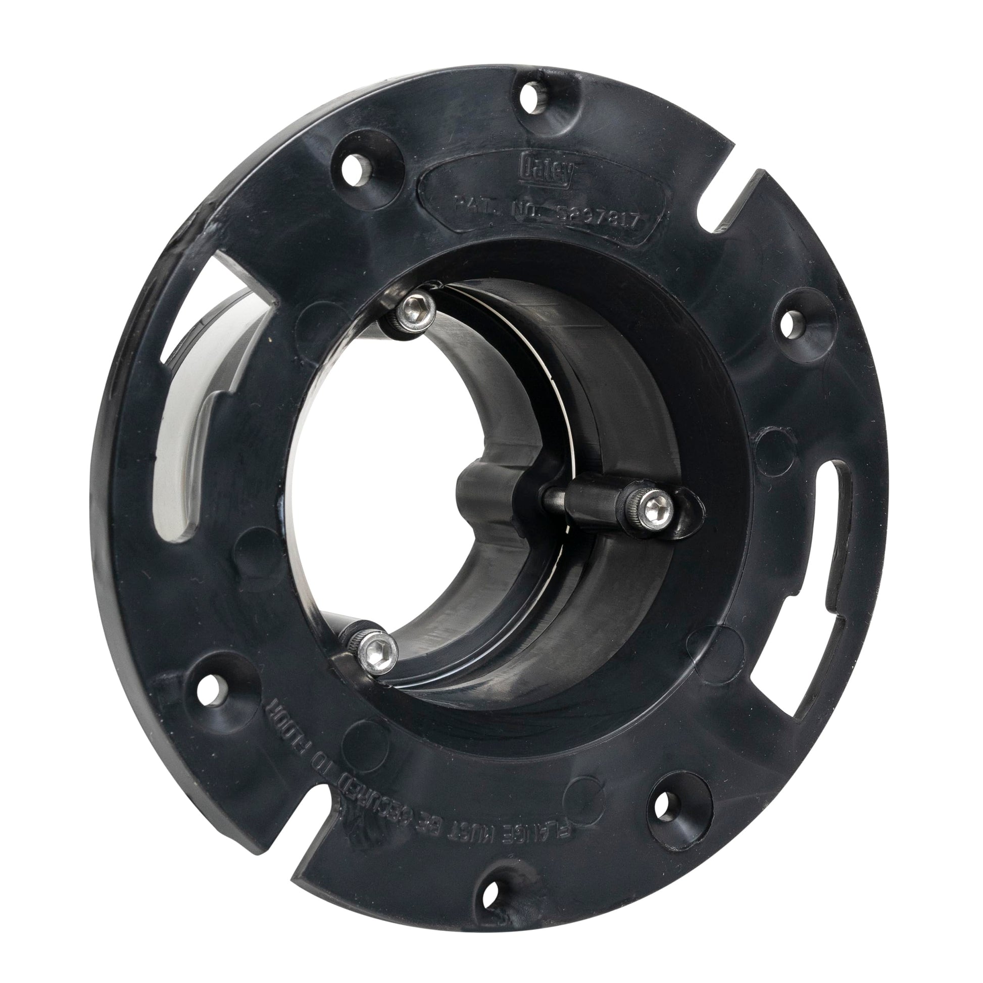 Black ABS closet flange with central opening, mounting holes around perimeter, and internal metal locking mechanism.