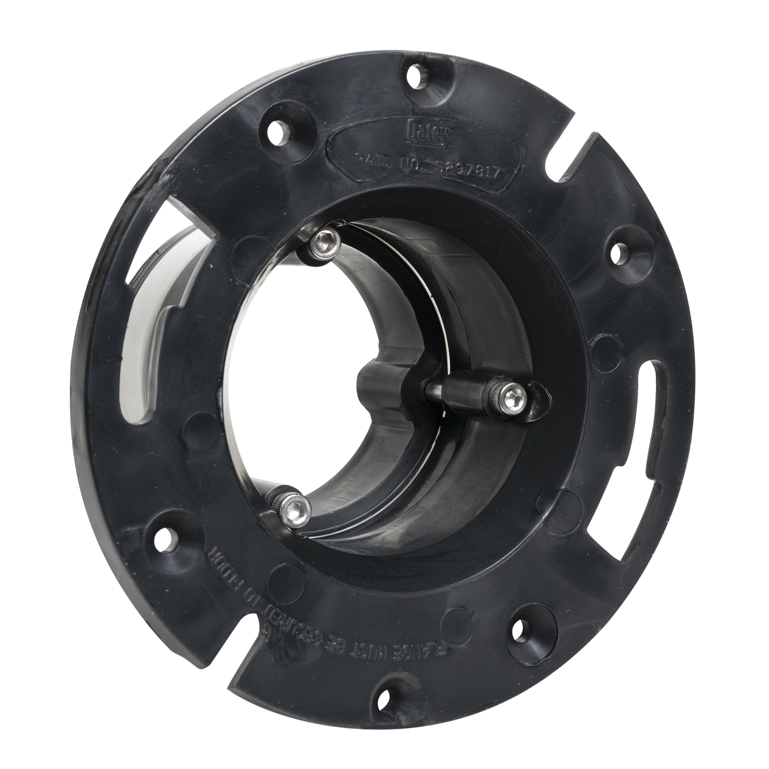 Black ABS closet flange with central opening, mounting holes around perimeter, and internal metal locking mechanism.