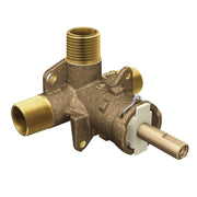 Brass pressure balancing valve with threaded connections and integrated cartridge for shower plumbing.