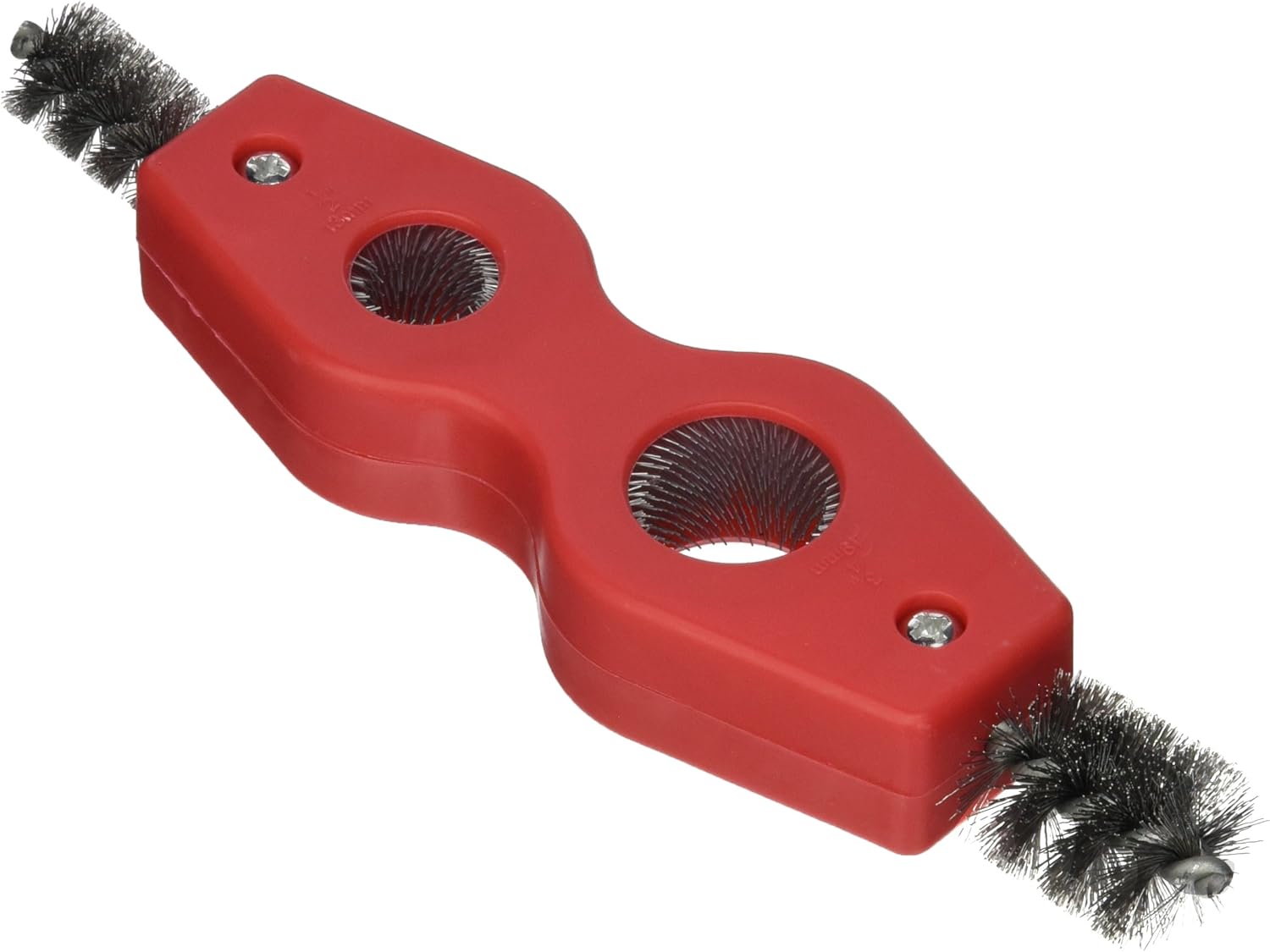 Red plastic brush tool with four brush heads: two round wire brushes on the ends and two larger circular brushes in the cente