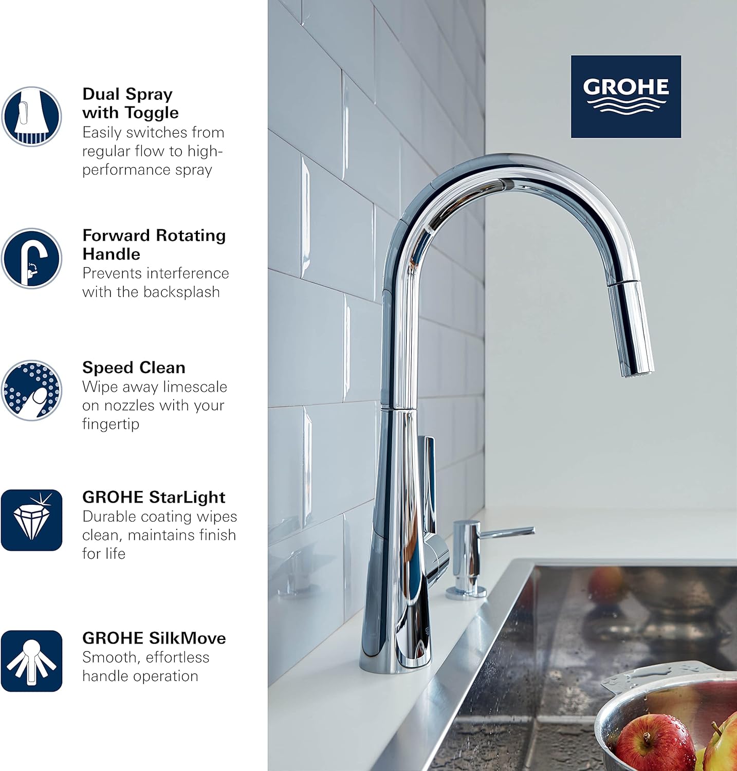 Grohe 32226003 Zedra Single-Handle Pull Down Kitchen Faucet Dual Spray 1.75 GPM In Starlight Chrome Finish