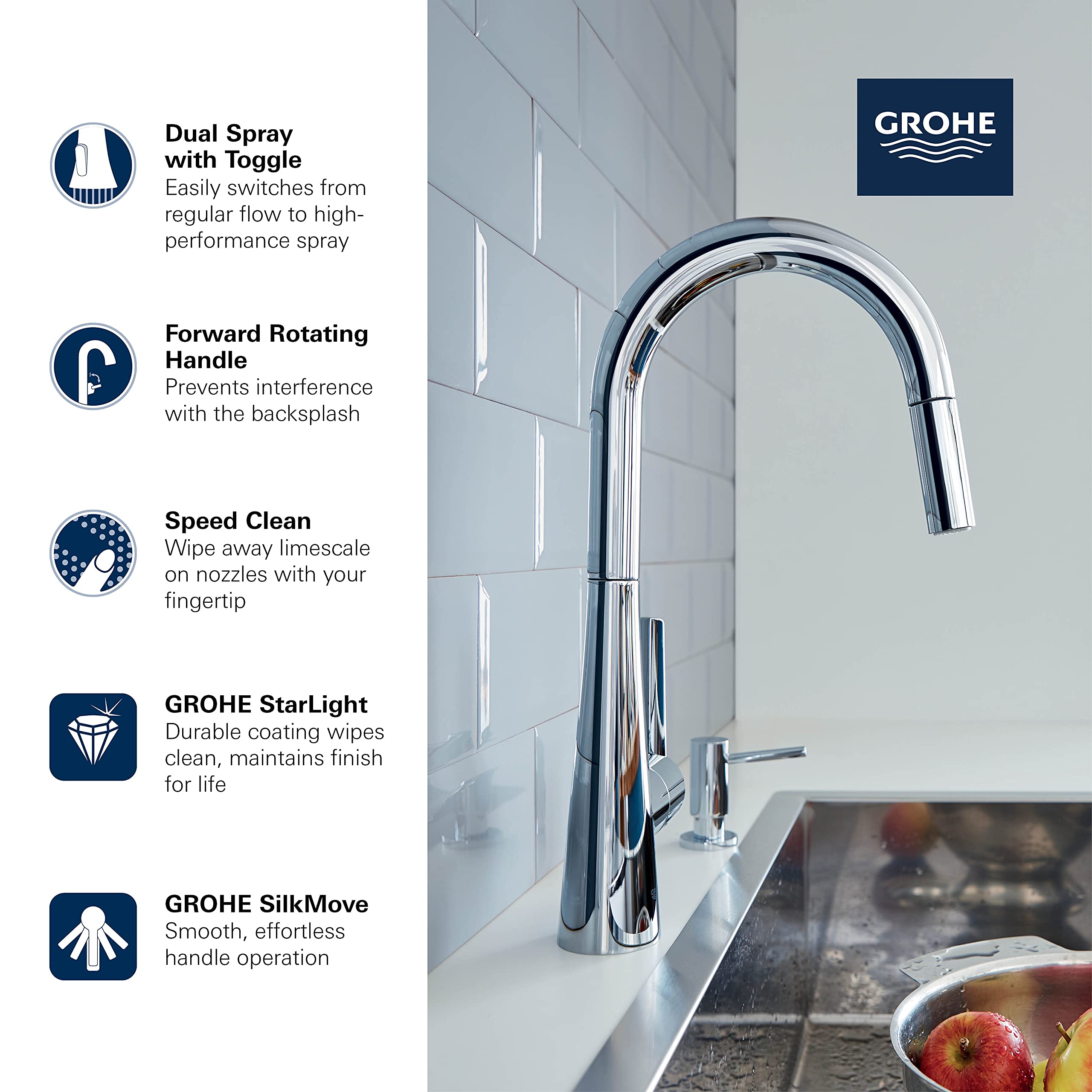 Grohe Zedra matte black single-handle pull-down kitchen faucet with curved spout and toggle spray control.