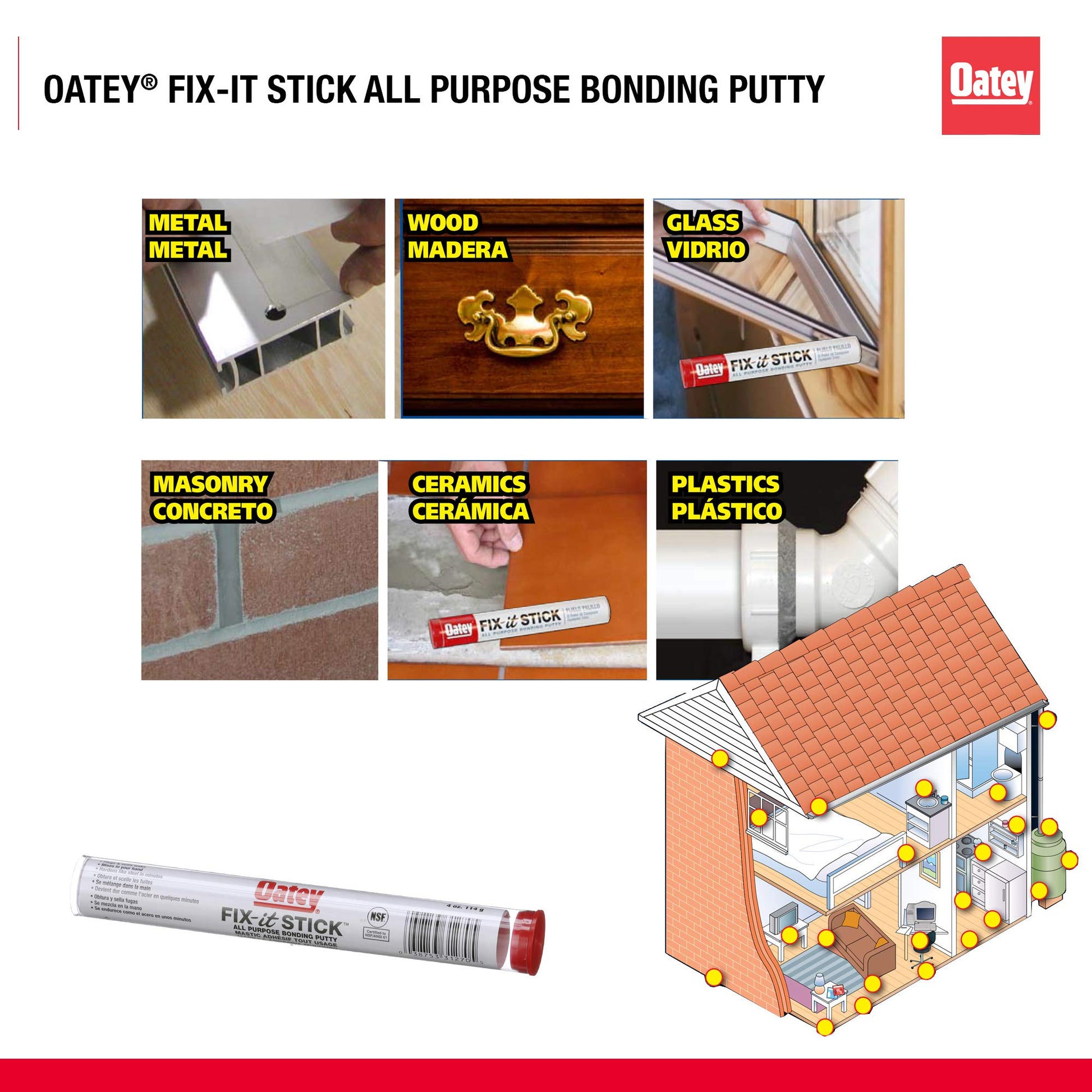 Gray epoxy putty tube with red cap for bonding and repair on metal, wood, glass, masonry, ceramics, and plastics.