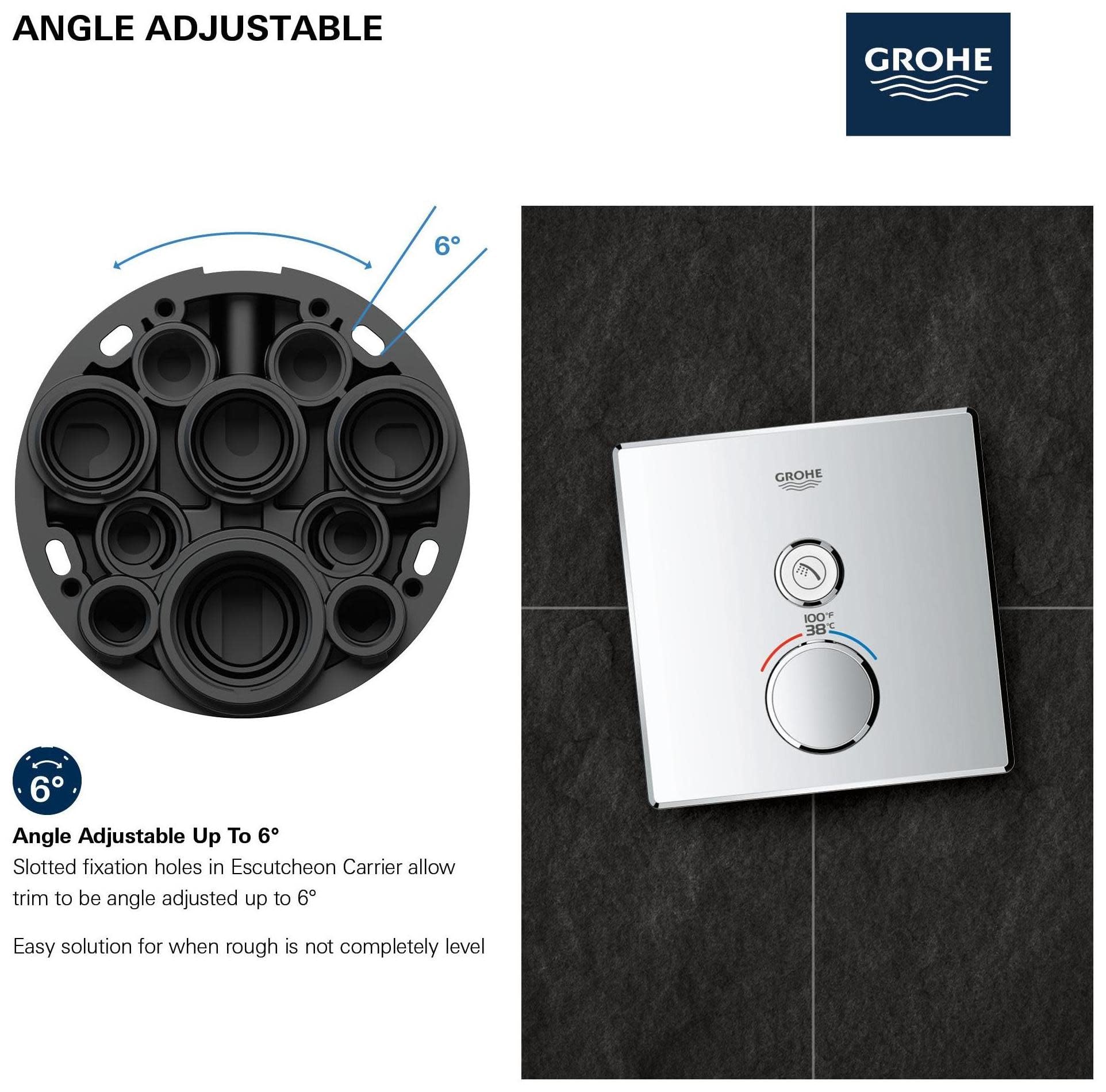 Grohe Grohtherm thermostatic valve trim with polished chrome square escutcheon and single control dial mounted on dark tile w