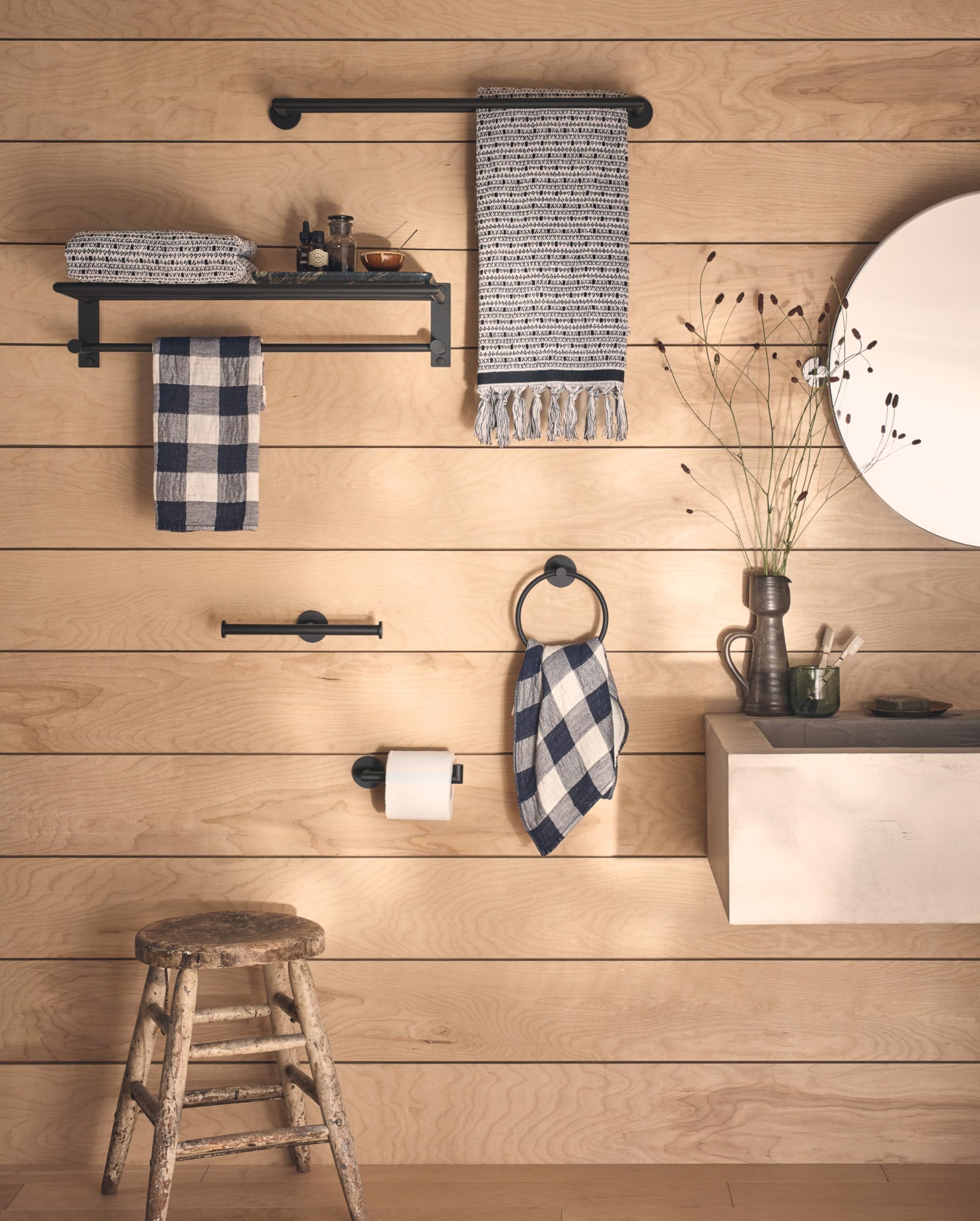 Moen Arlys 24 Inch Wide Modern Bathroom Hotel Style Towel Storage Shelf with Towel Bar in Matte Black - Y5794BL