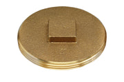 Brass cleanout plug with circular flat face and rectangular slot, threaded base visible on underside.