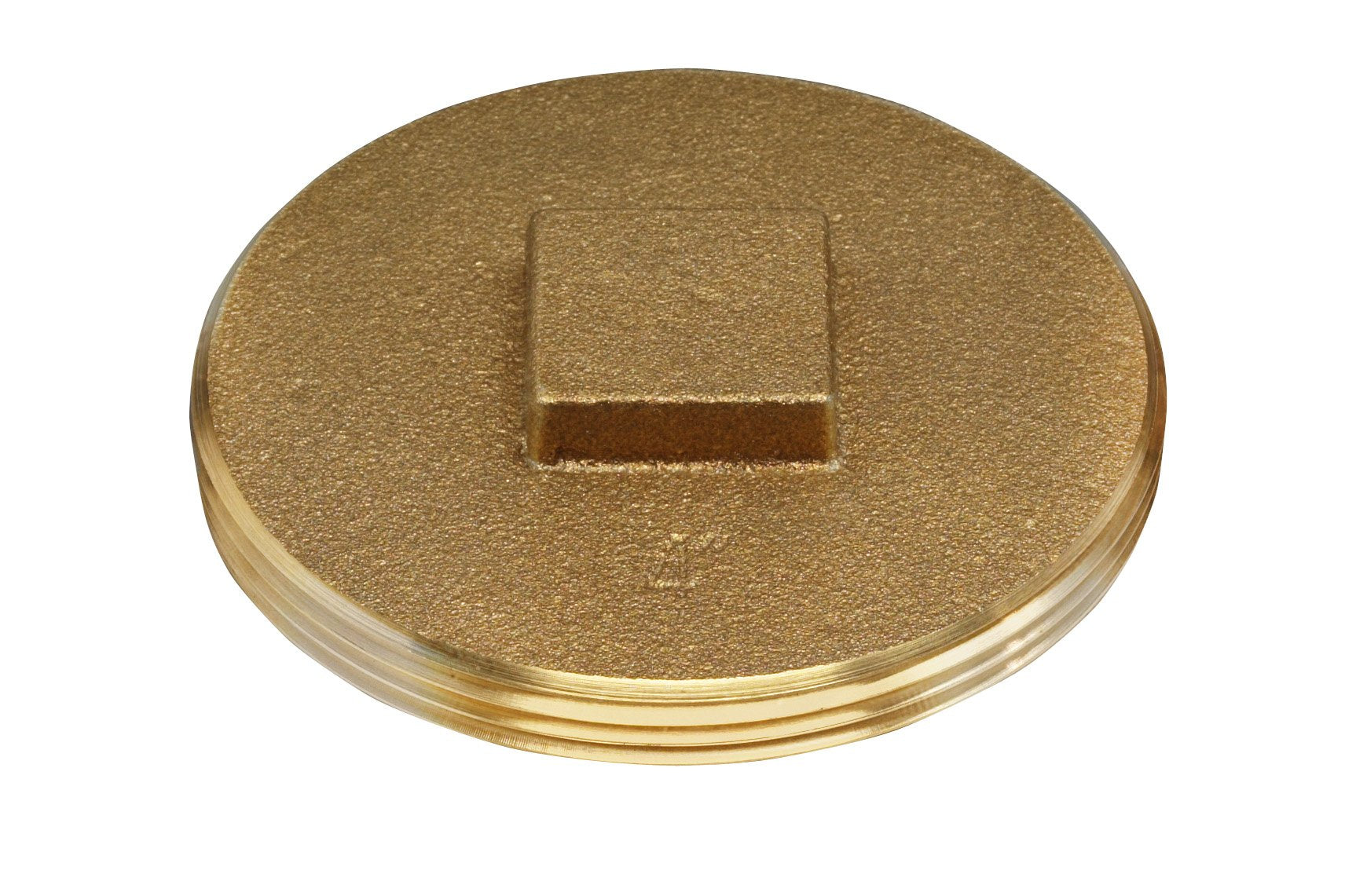 Brass cleanout plug with circular flat face and rectangular slot, threaded base visible on underside.