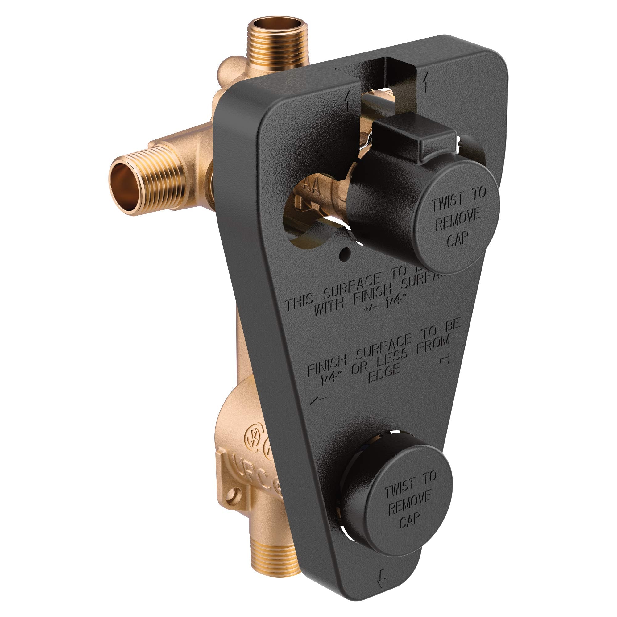 Brass pressure balancing valve with black polymer body, threaded inlet/outlet ports, and two removable caps on control knobs.