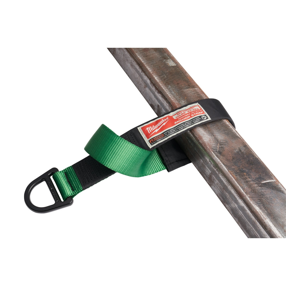 Green and black nylon anchor strap with metal D-ring attached to metal pipe with Milwaukee label.