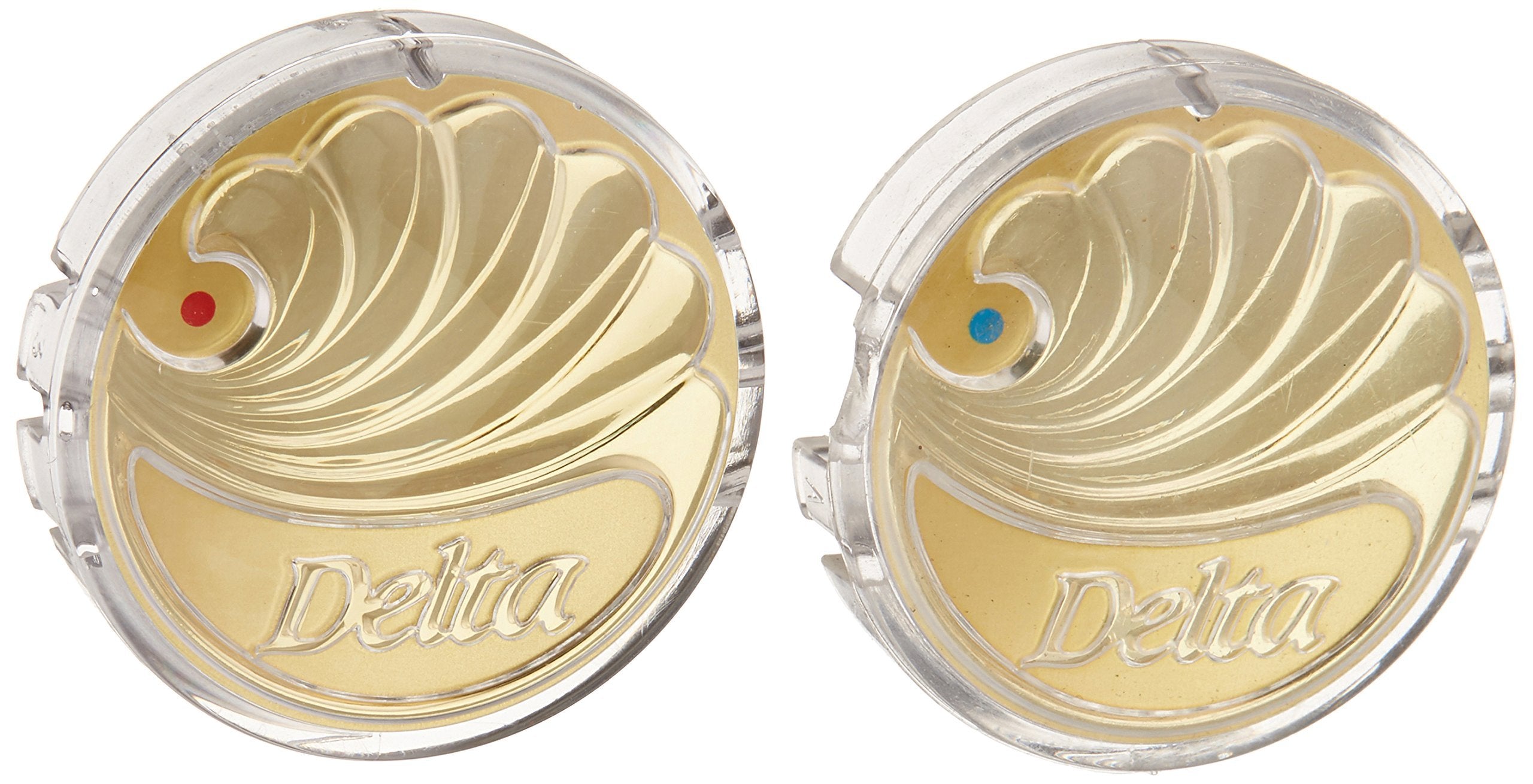 Two polished brass circular buttons with clear bezels, red dot indicating hot and blue dot indicating cold, Delta branding vi