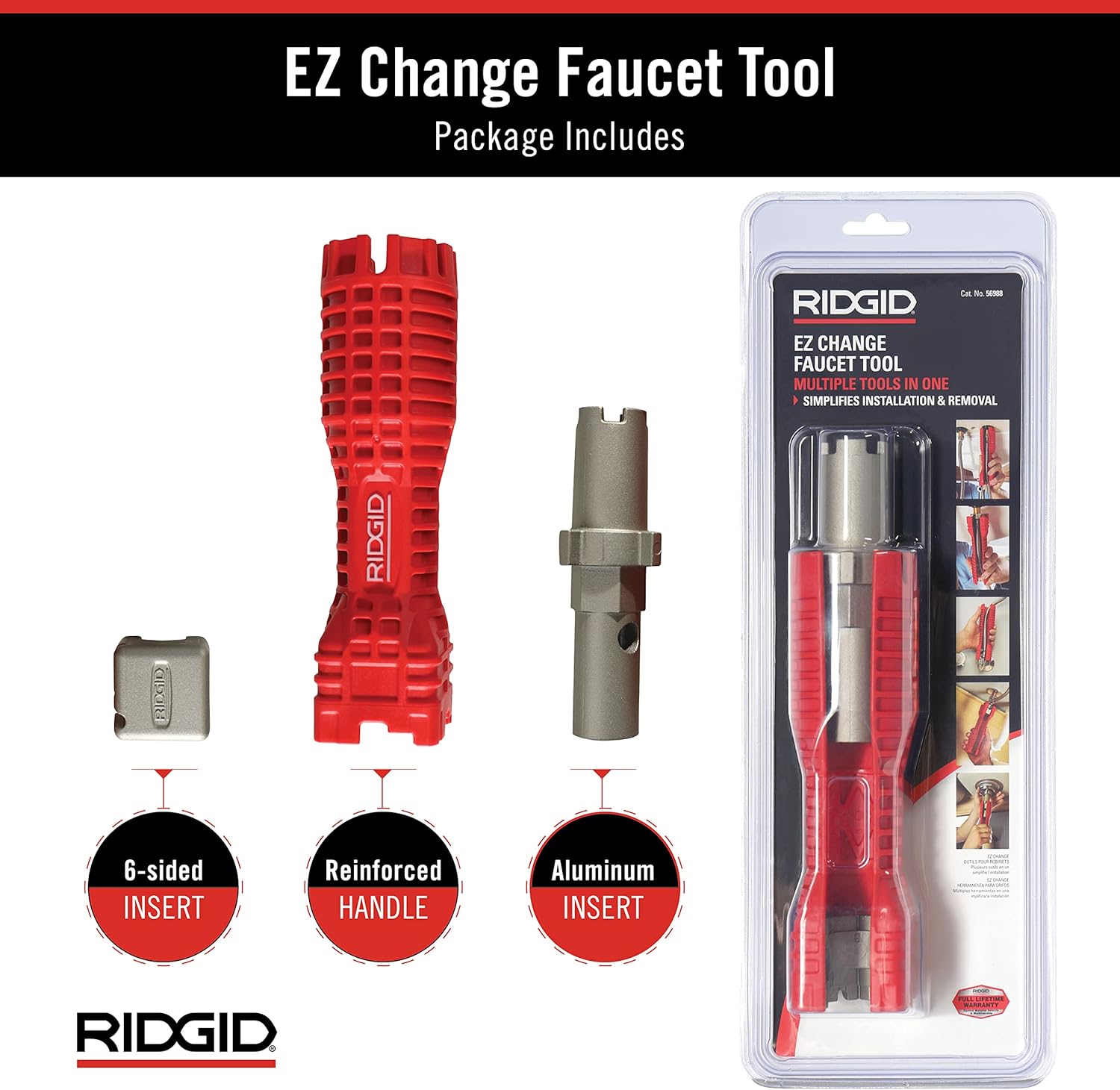 RIDGID EZ Change Faucet Tool with red reinforced handle, interchangeable inserts, and packaging showing multiple components.